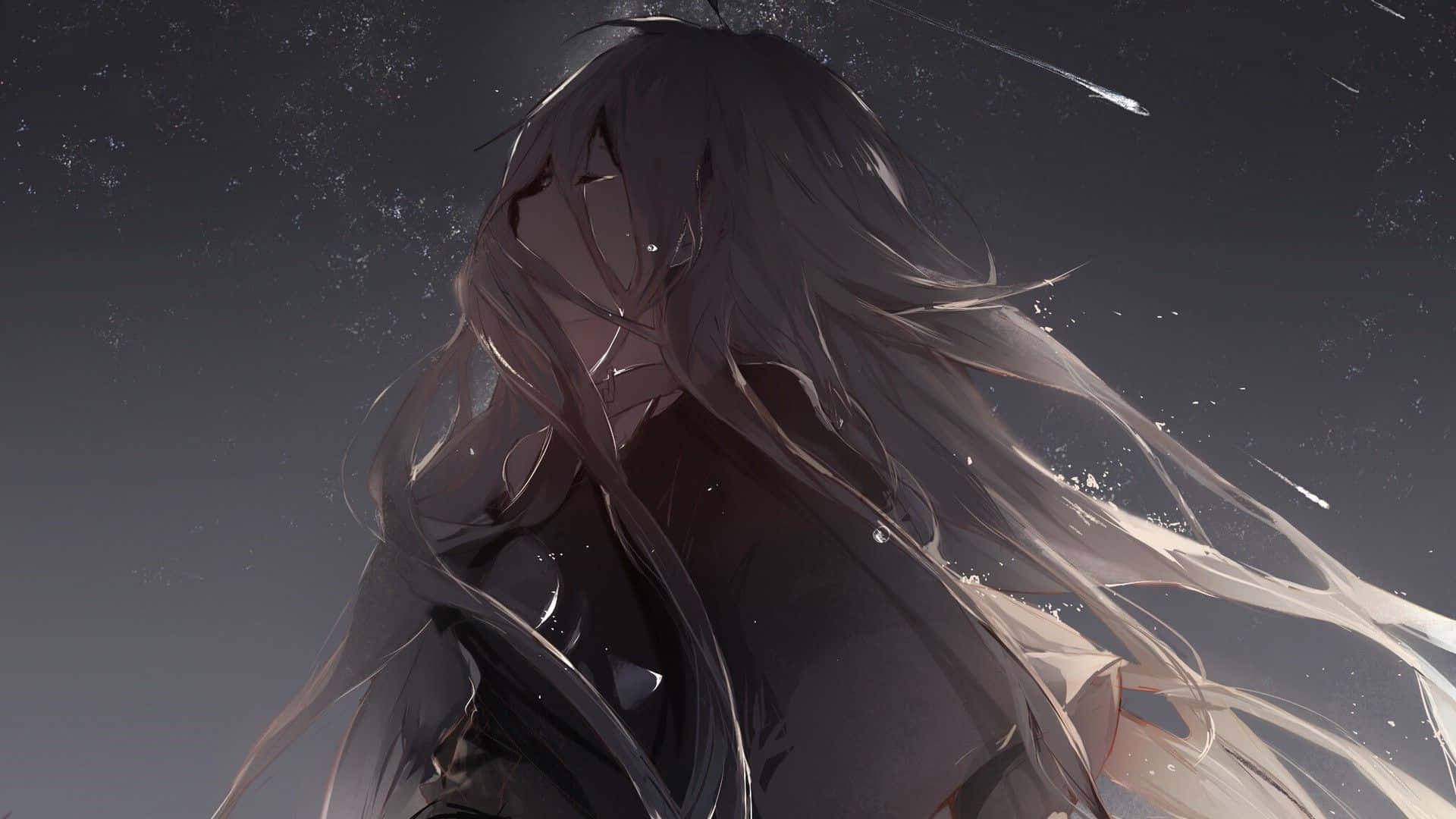 雨中長髮哭泣的動漫少女 壁紙 — 一個憂鬱的動漫女孩，長髮飄逸，站在繁星點點的夜空下，光線從她身邊掠過。