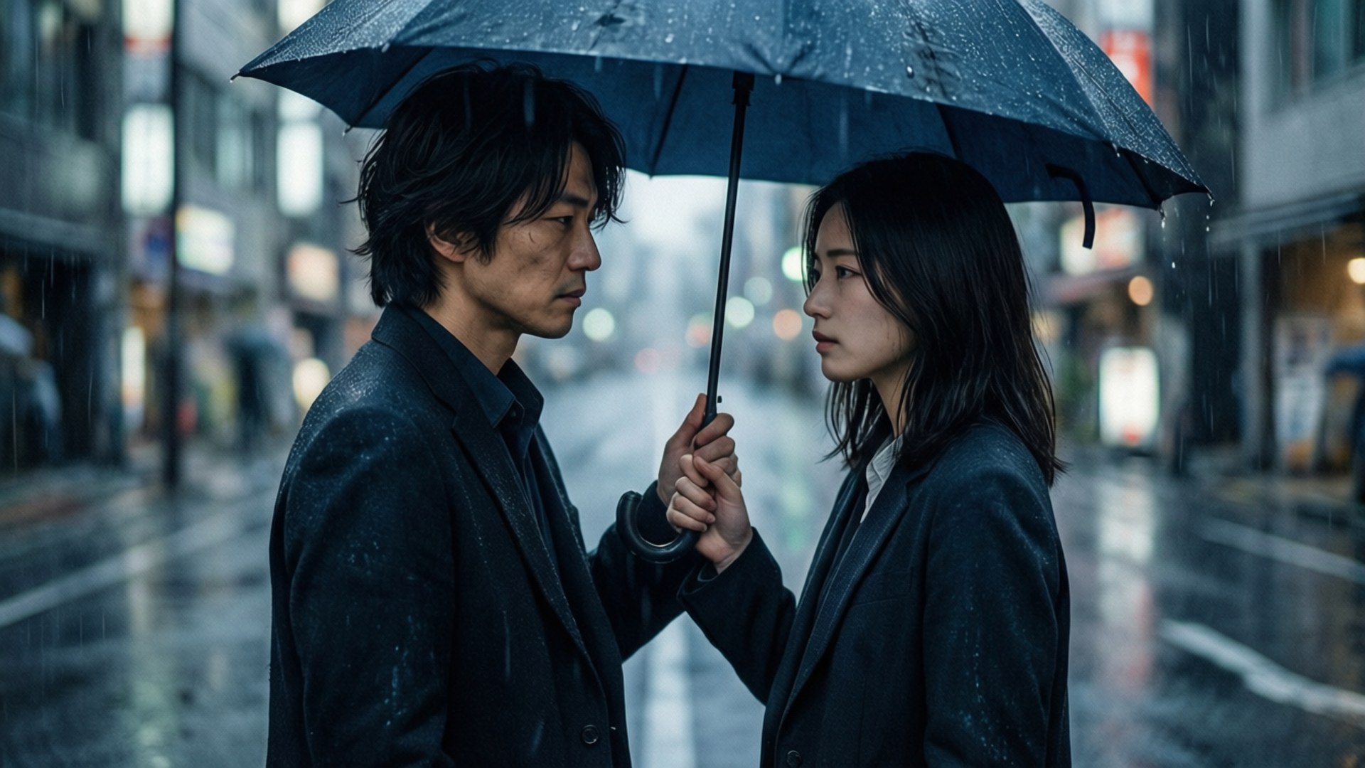 一男一女在雨中的城市街道上共用一把雨傘，路面潮濕，霓虹燈光模糊。