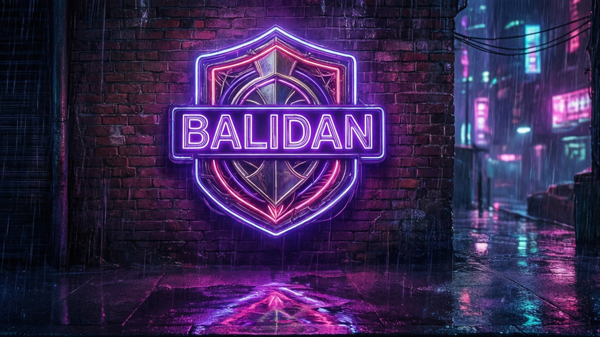 霓虹燈牌BALIDAN在潮濕的磚牆上發光，位於雨中的未來城市小巷。
