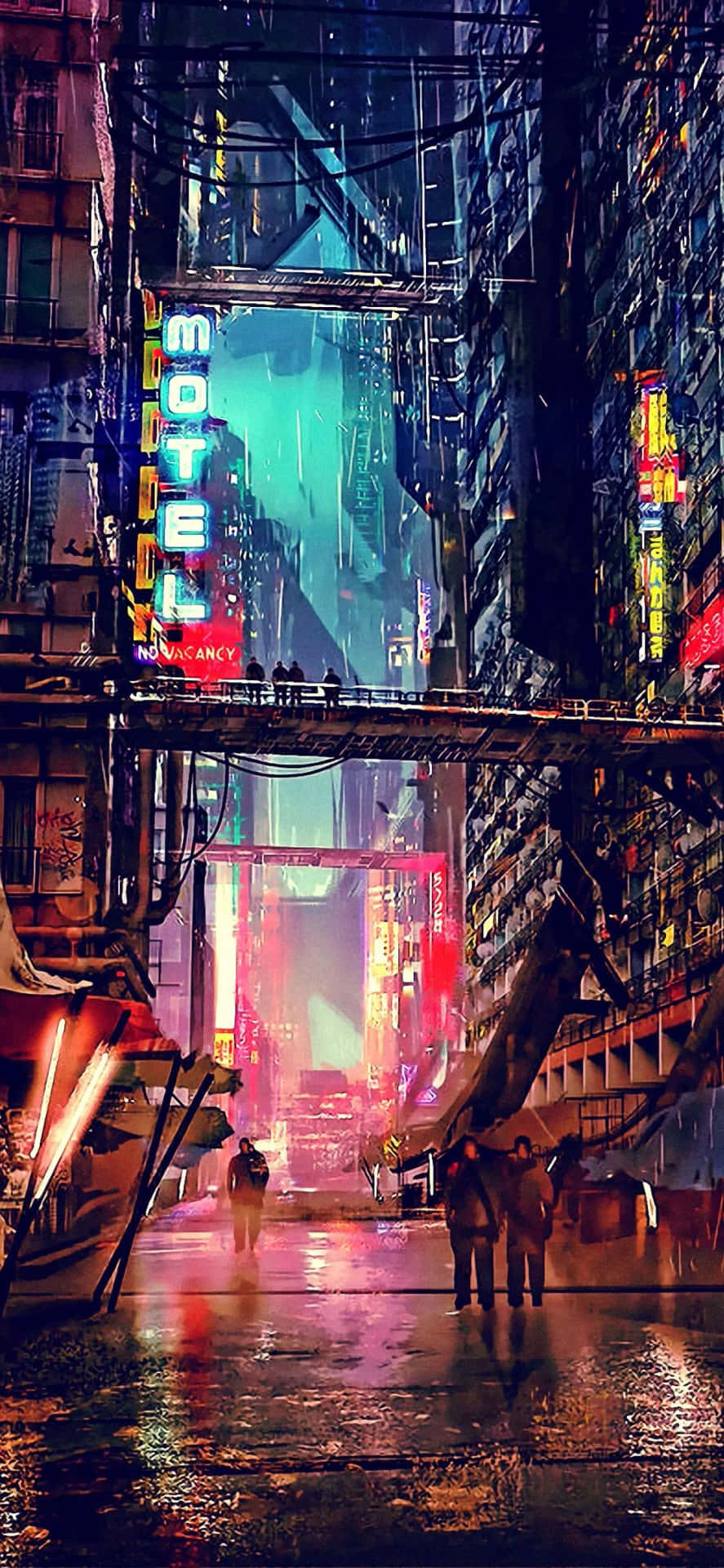 賽博龐克城市小巷，在夜雨中閃爍著霓虹招牌的光芒。