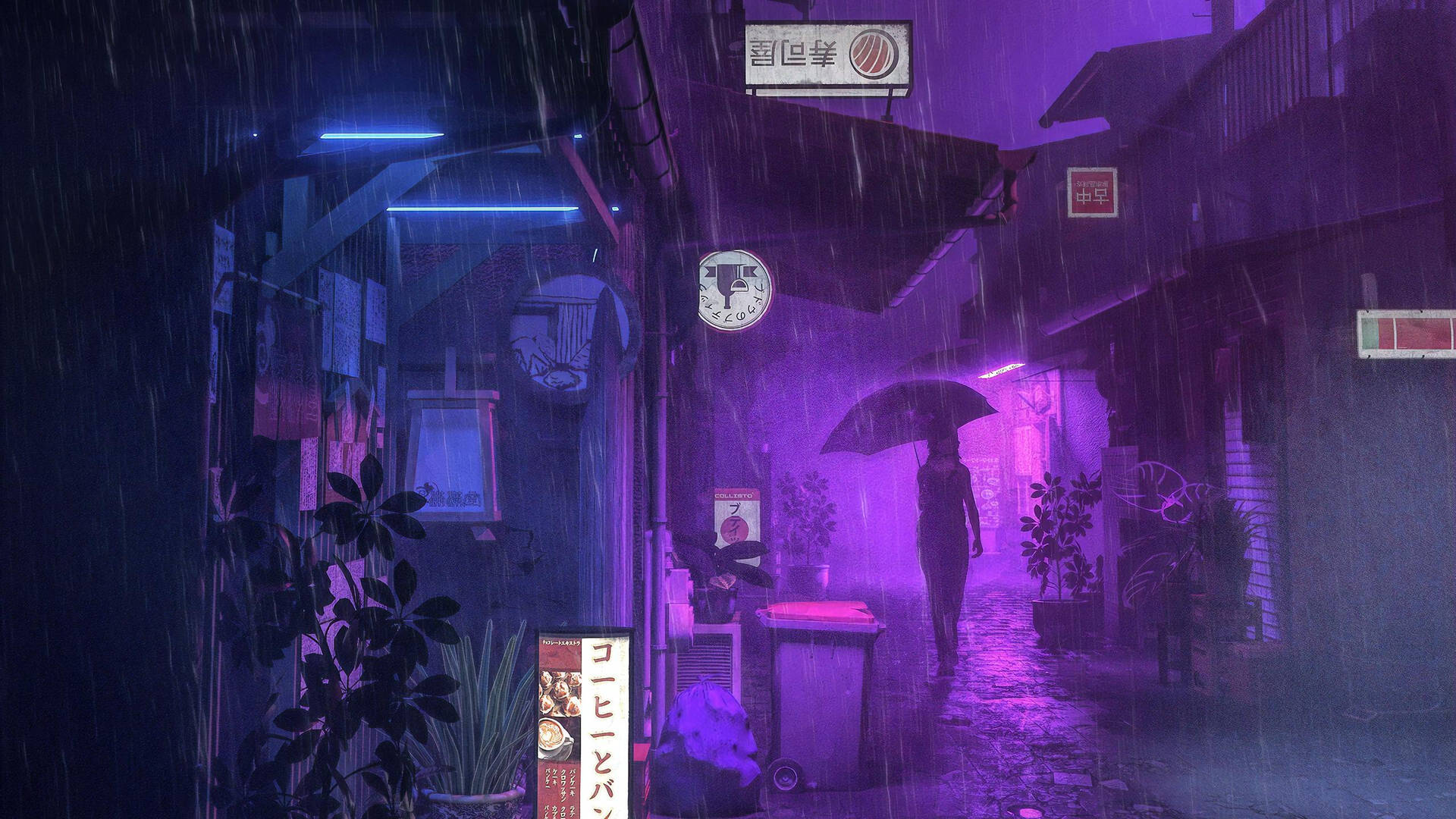 狹窄小巷中，紫色霓虹燈下，有人在雨中行走