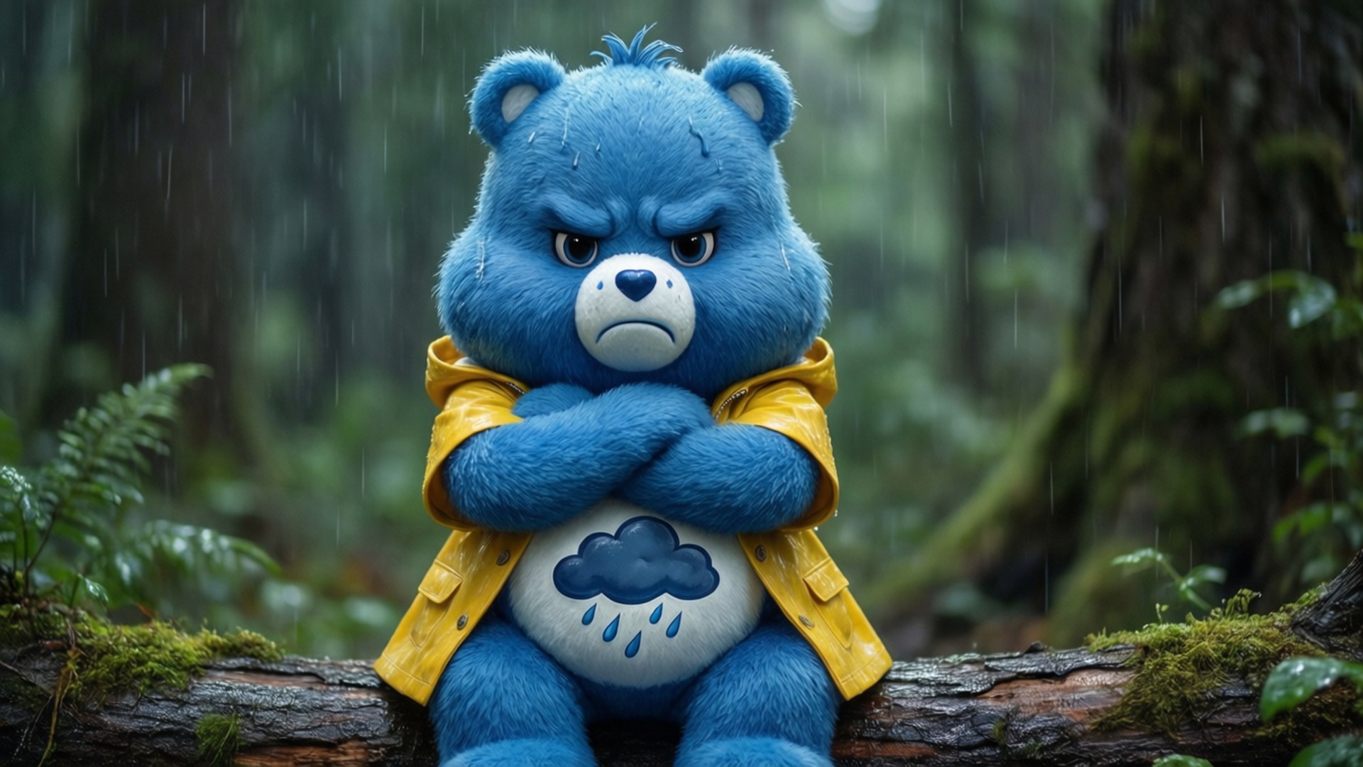 雨中鬱悶的熊 壁紙 — 一隻藍色熊，面露不悅，毛髮上沾有雨滴，穿著黃色雨衣，坐在雨林中長滿苔蘚的木頭上。