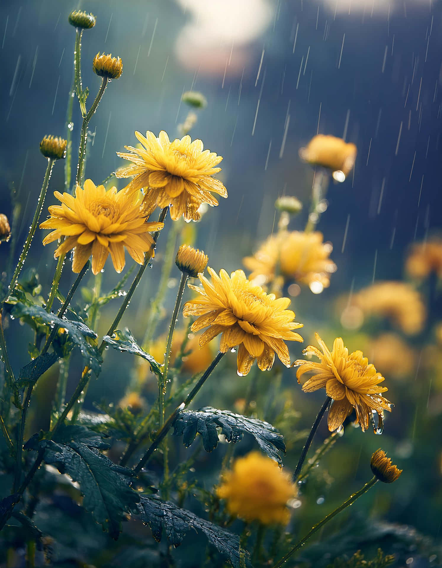 花園中花瓣和葉片上帶有雨滴的黃色菊花