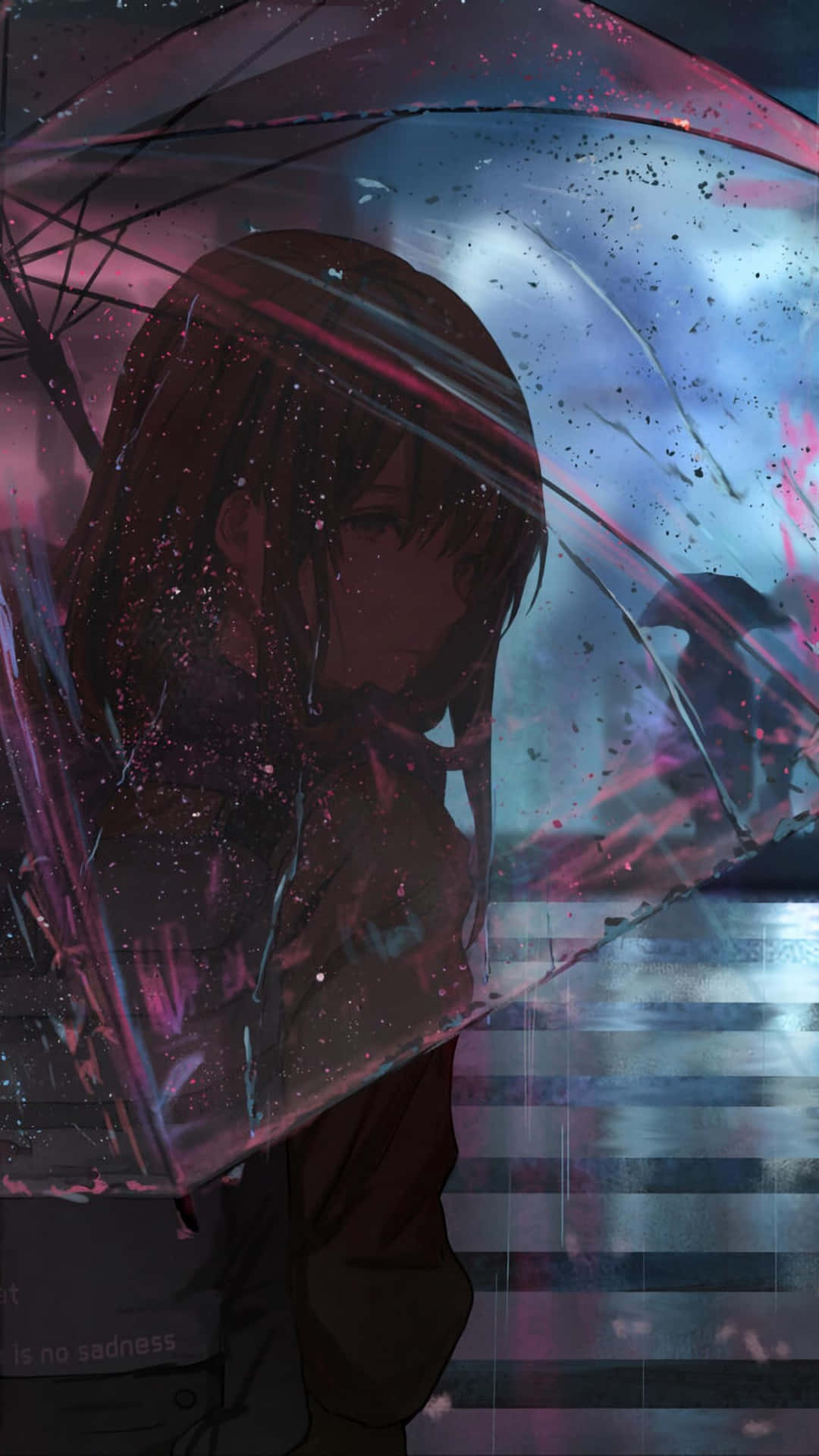 動漫女孩在雨夜霓虹城市中撐著透明雨傘