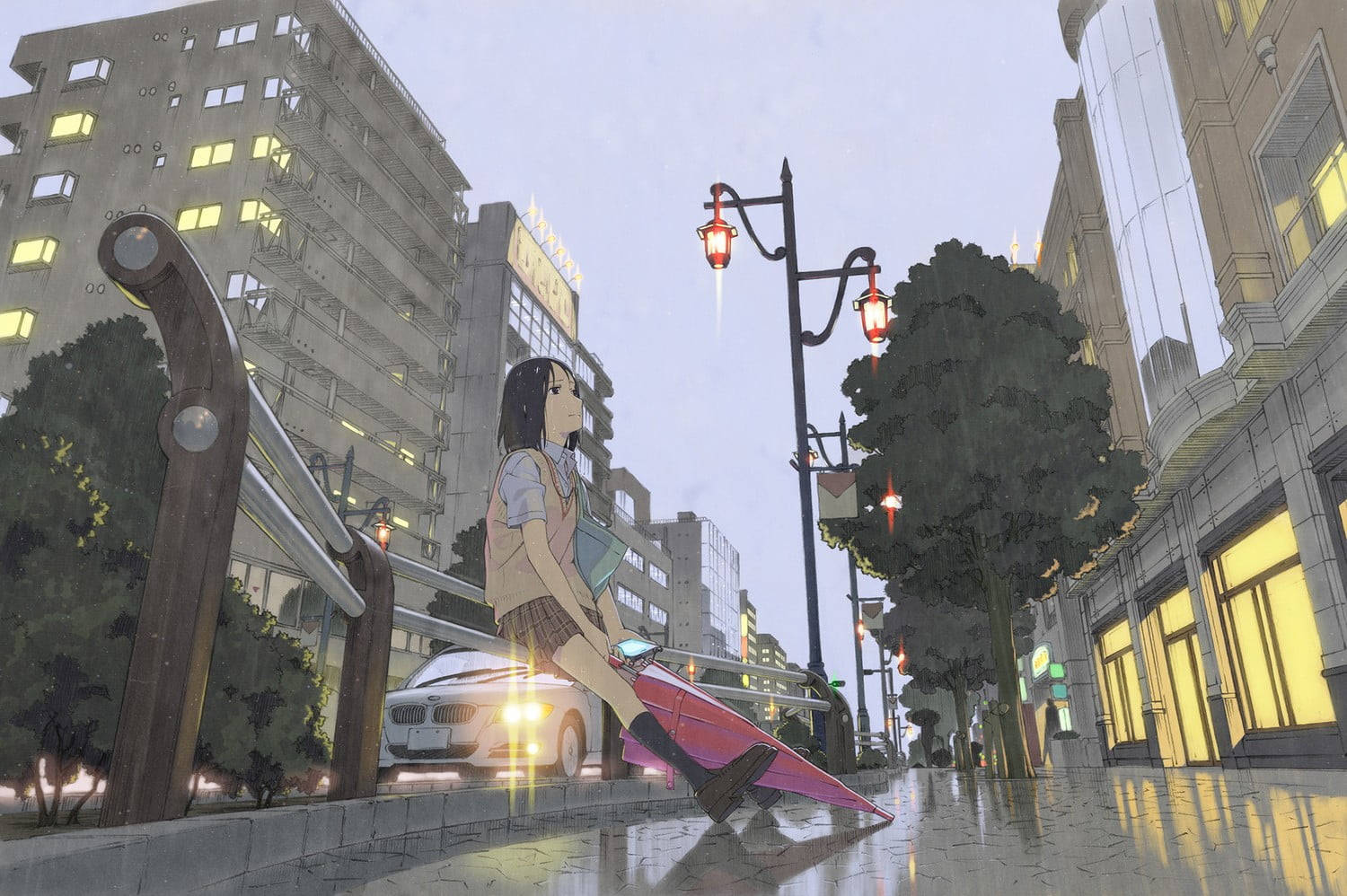 動漫女孩拿著粉紅色雨傘在黃昏時分走在濕漉漉的城市街道上，燈光閃爍。