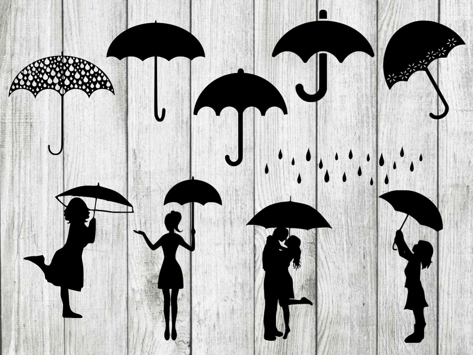 雨傘剪影藝術 壁紙 — 黑色剪影人物和雨傘漂浮在風化的木板上，雨滴落下。