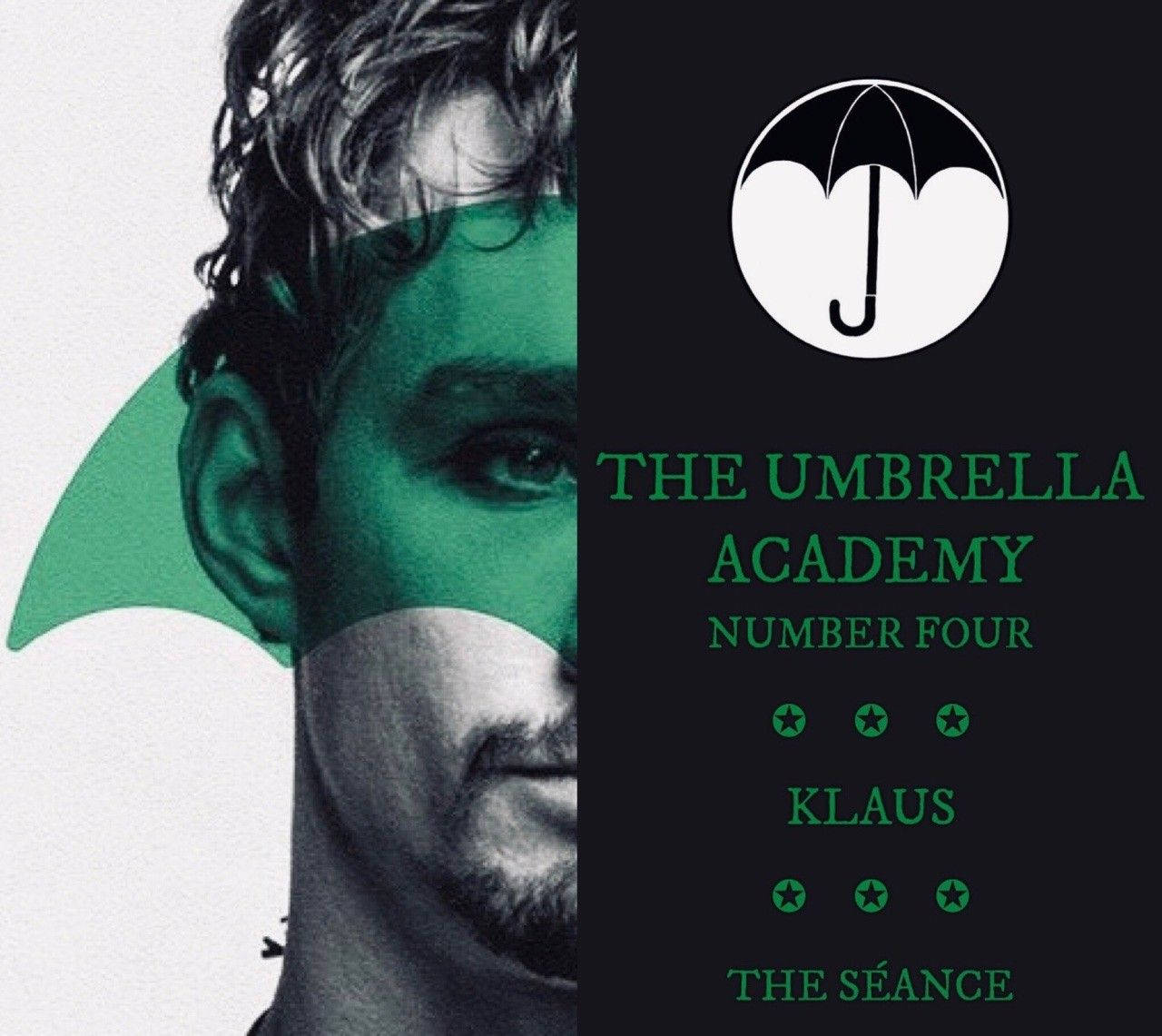 《The Umbrella Academy》電視節目海報，角色Klaus以綠色和黑色設計呈現。