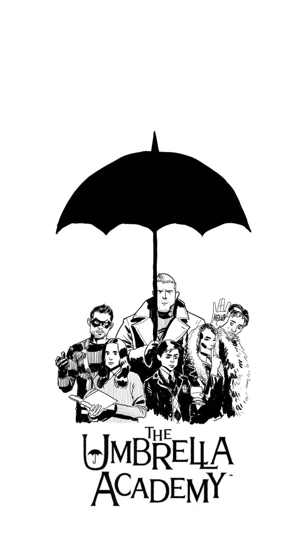 七個插圖角色站在一把大傘下，標題為 The Umbrella Academy。