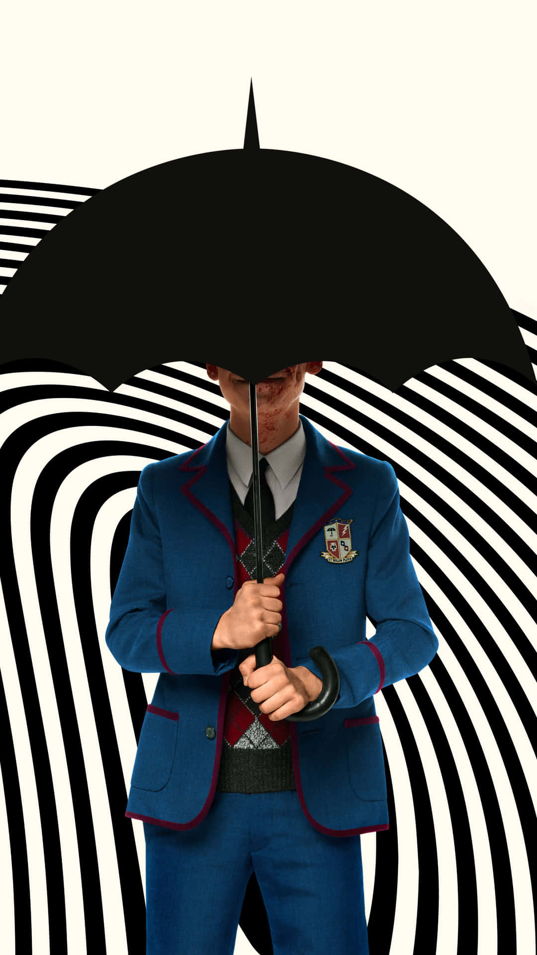 穿著藍色校服的人拿著黑色雨傘，背景是旋轉的黑白條紋。