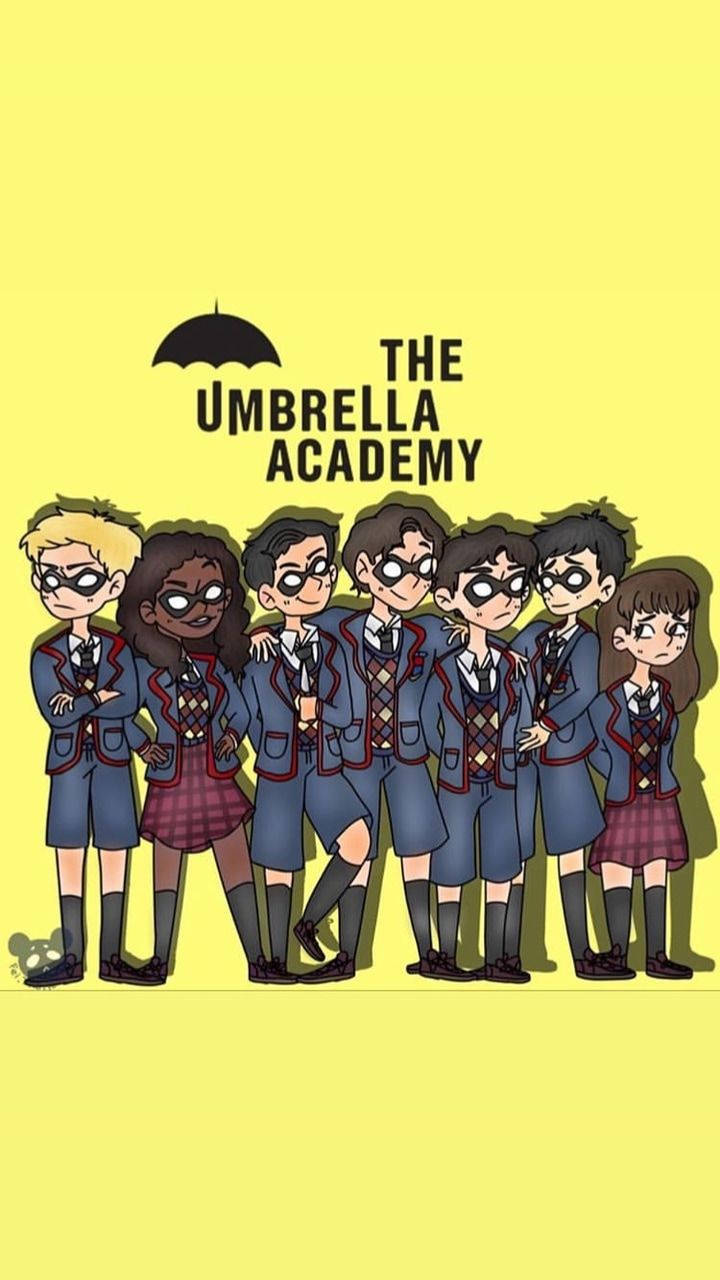 七個Q版學生穿著校服，在「The Umbrella Academy」標題下排成一排。