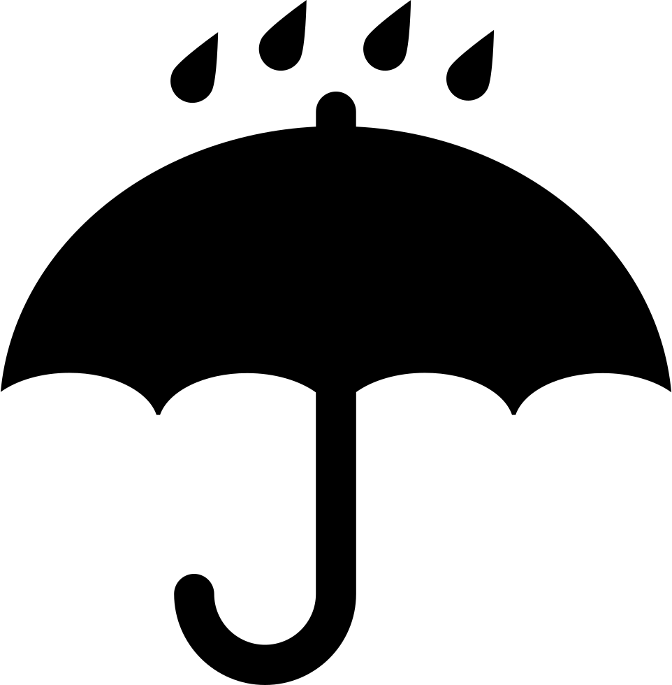 雨傘與雨滴圖標 壁紙 — 一個簡約風格的黑色開傘剪影，上方有四滴雨點落在白色背景上。