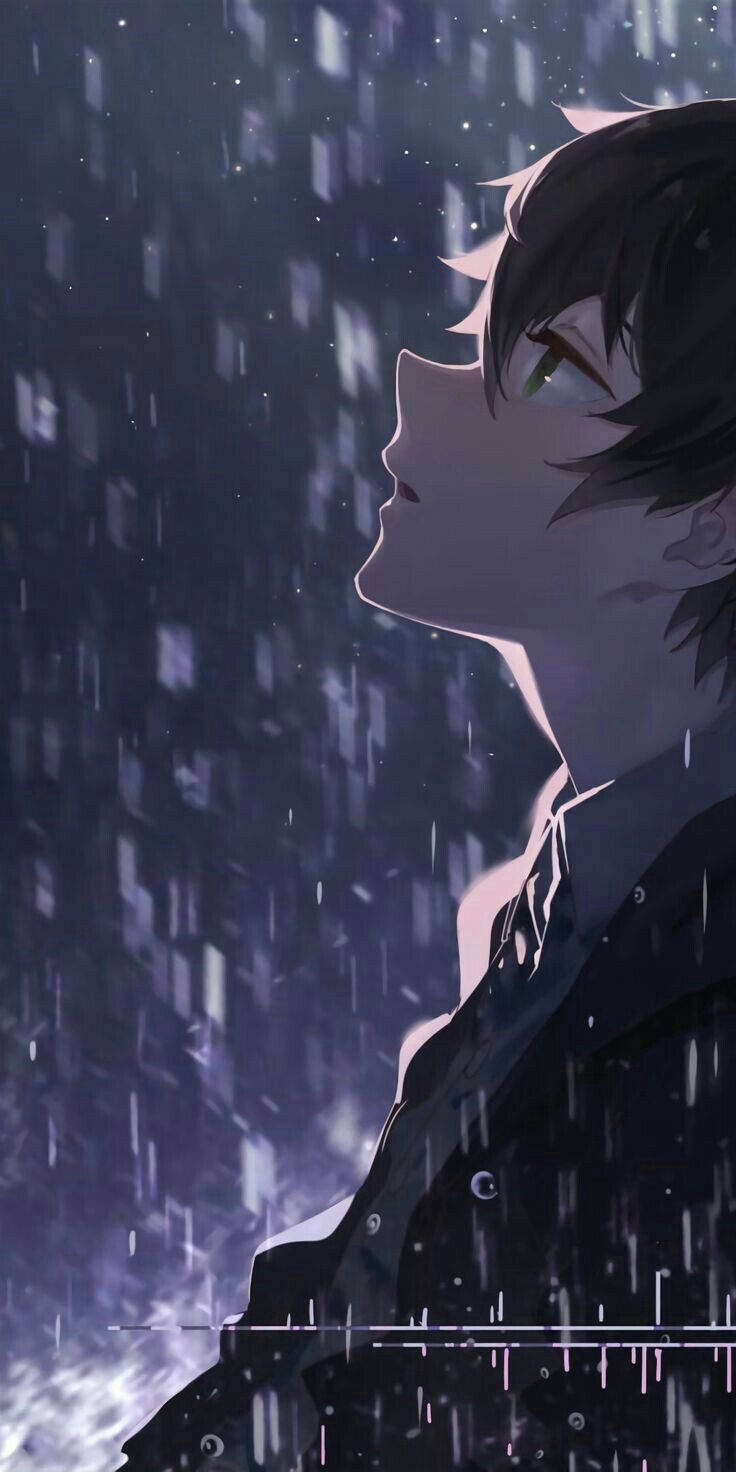 雨夜中傷感的動漫男孩 壁紙 — 綠眼動漫男孩在數碼故障效果的星空夜雨下向上凝視。