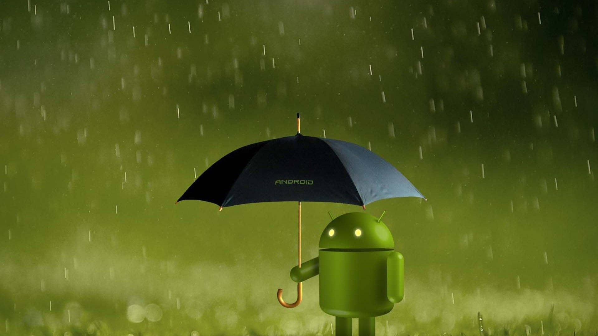 綠色Android吉祥物喺落雨嘅綠色環境中揸住黑色雨傘。