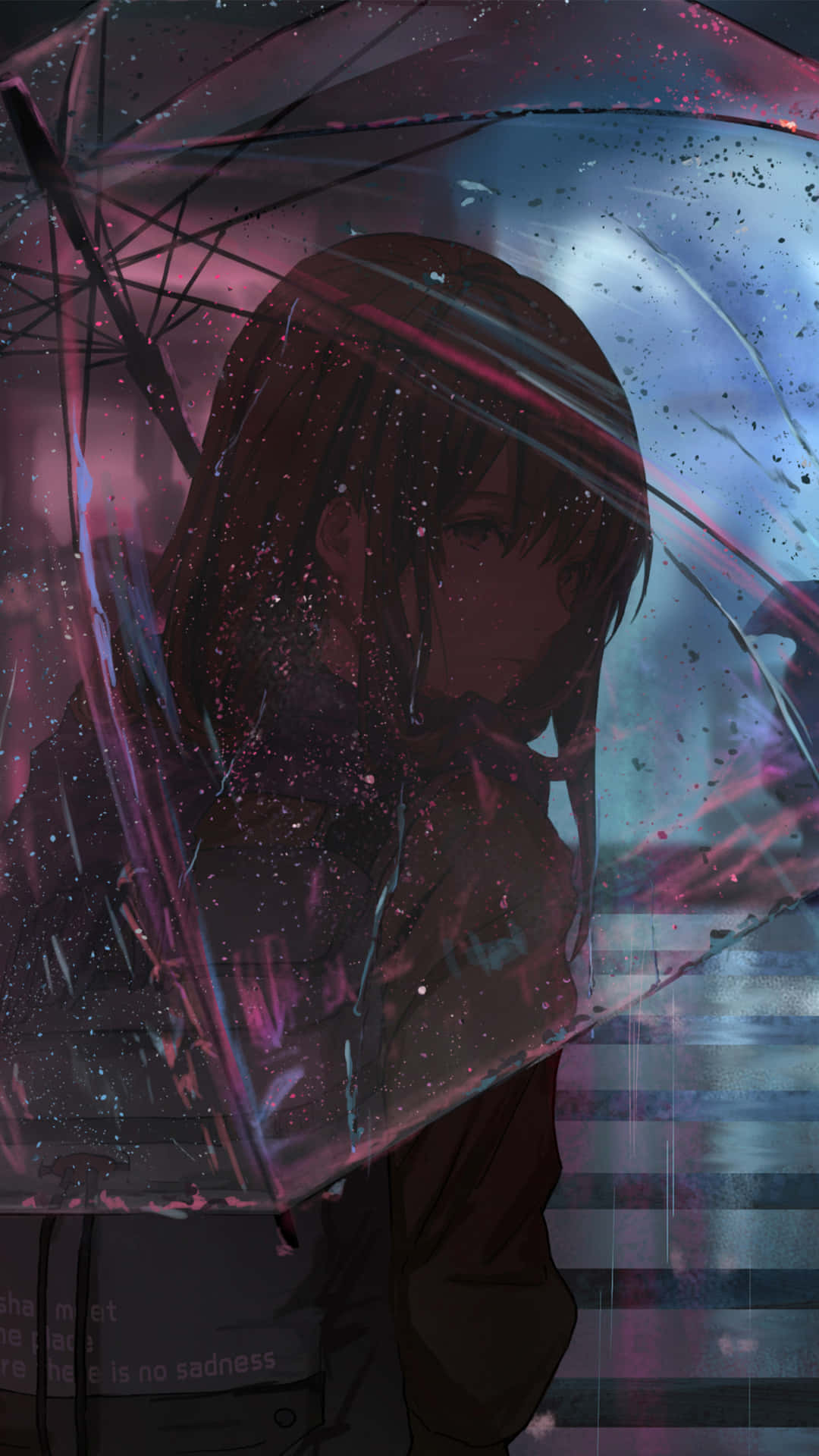 動漫女孩在紫色和藍色色調的雨夜中站在透明雨傘下。