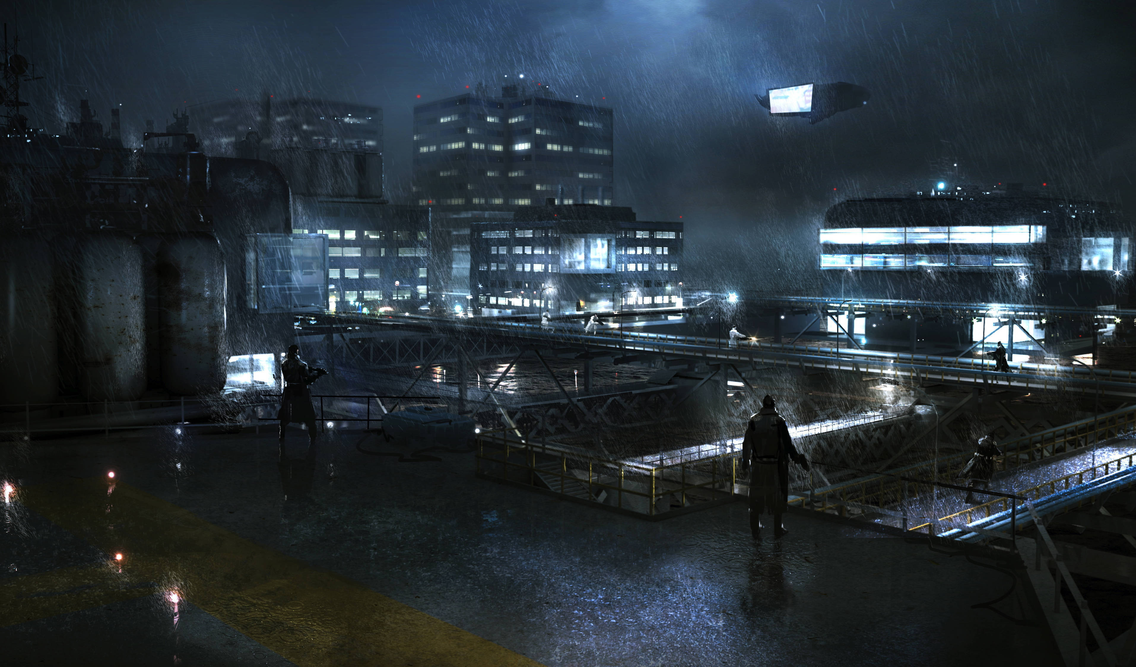 桌布 壁紙 — 雨夜中濕透的城市天台，剪影人物在閃爍的城市燈光和工業建築間行走。