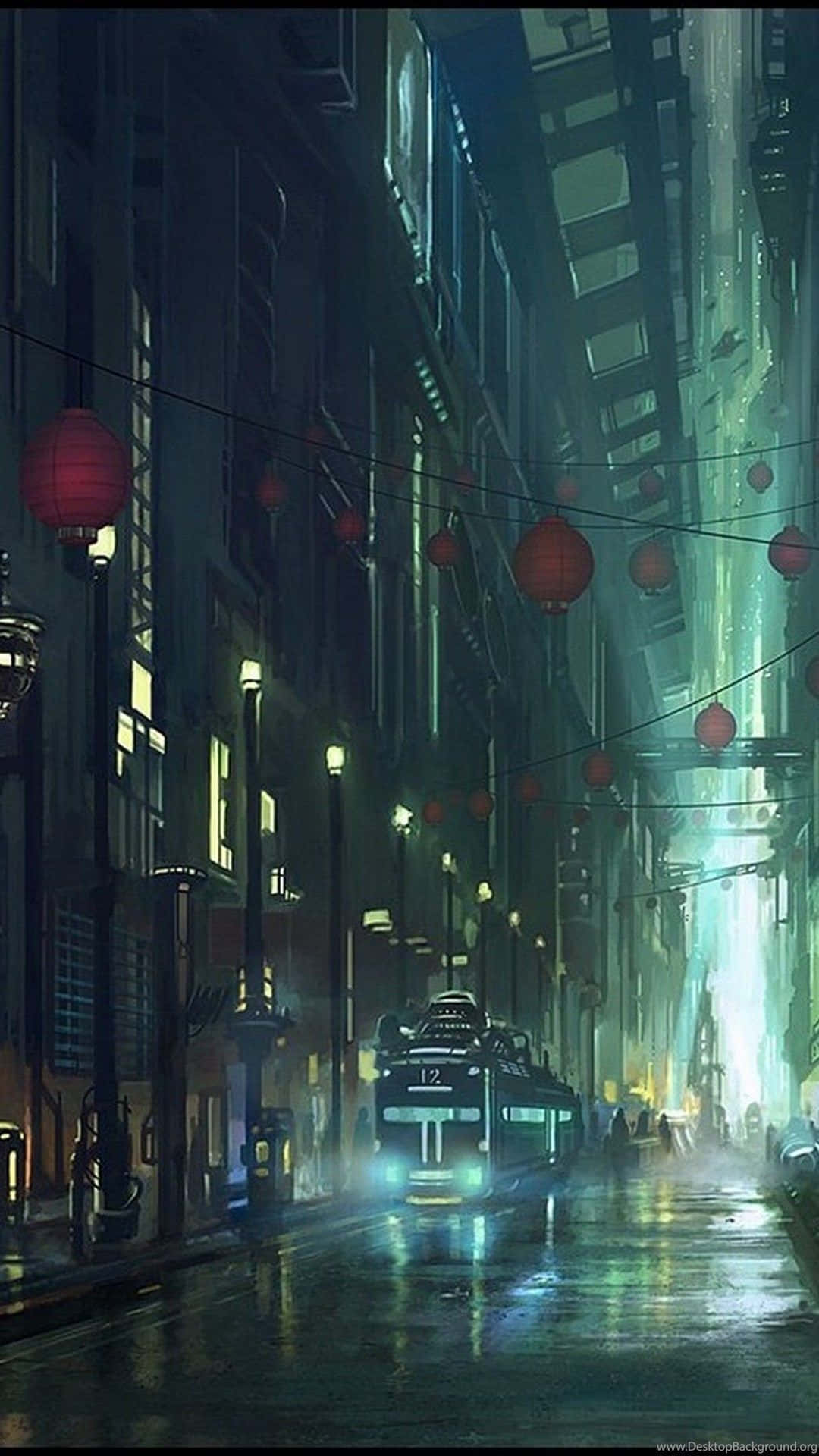 未來主義電車在雨濕的霓虹小巷中滑行，懸掛著紅色燈籠。