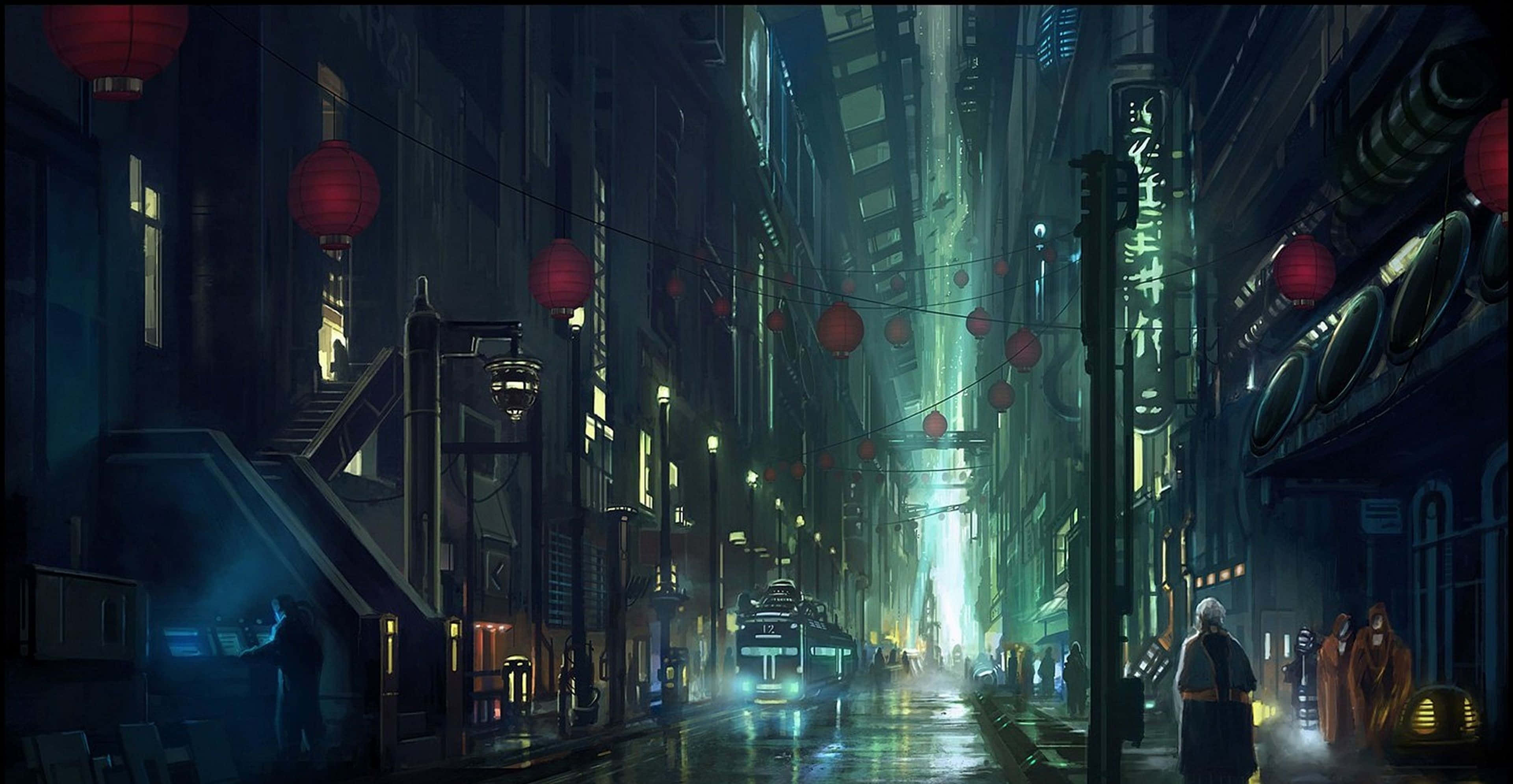 Cartoon Sci-fi 桌布 壁紙 — 雨夜中霓虹燈照亮嘅 cyberpunk 小巷，有發光嘅紅色燈籠同未來感建築。