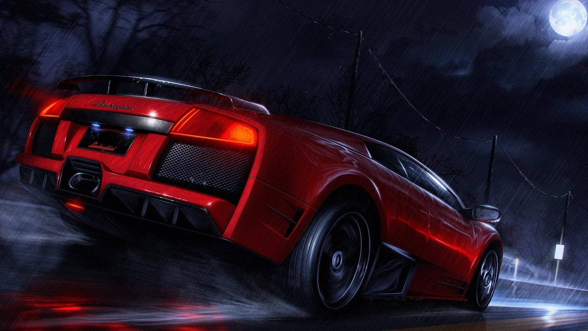 紅色跑車在滿月下雨夜街道上飛馳。
