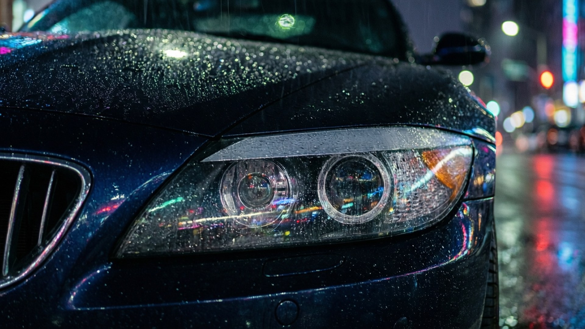 雨濕的汽車頭燈在夜間反射霓虹城市燈光。