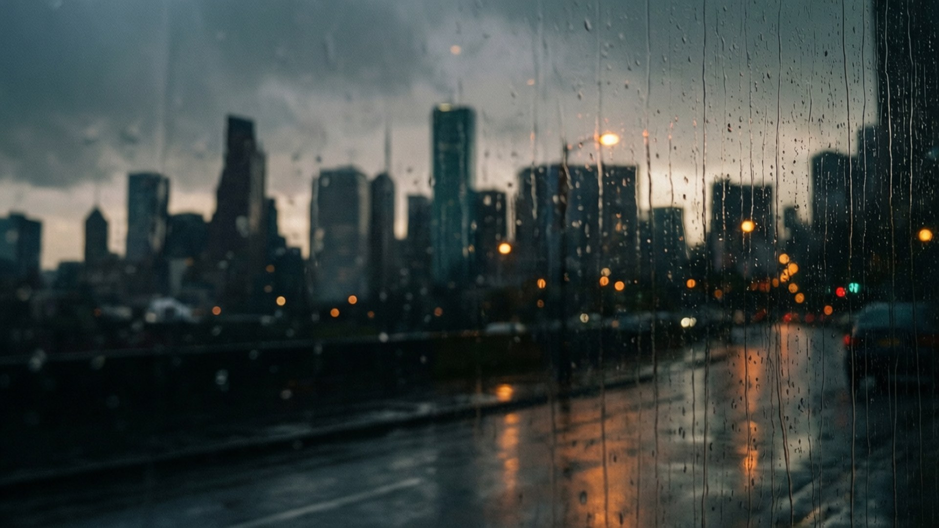 窗上的雨滴顯示出黃昏時分模糊的城市景觀和閃爍的燈光。