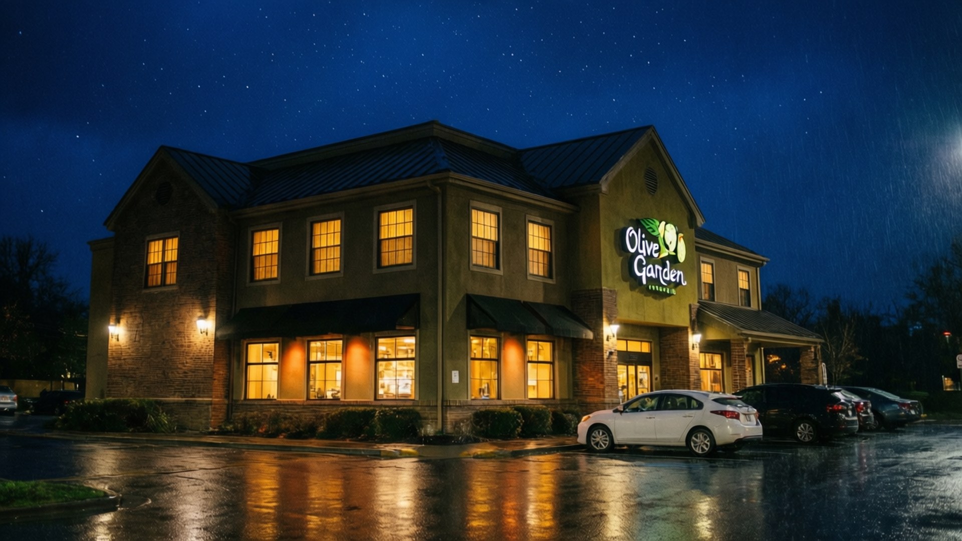夜晚的 Olive Garden 餐廳，星空和濕停車場的倒影。