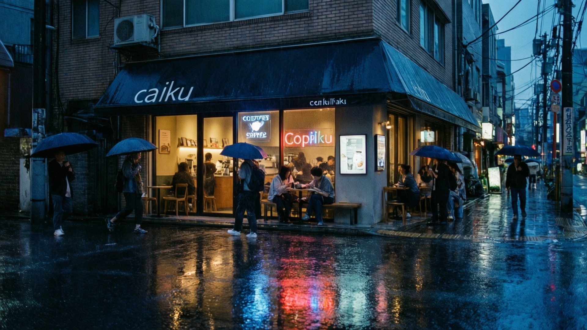 人們撐著雨傘聚集在咖啡館外，位於黃昏時分下雨的城市街道上。