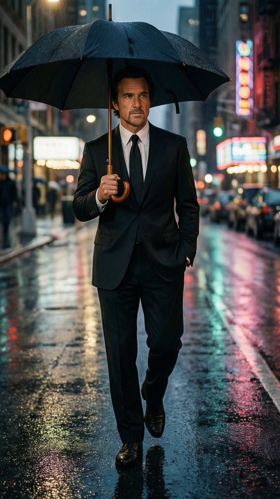 穿黑色西裝的男人拿著雨傘在雨夜中行走，霓虹燈光反射在潮濕的路面