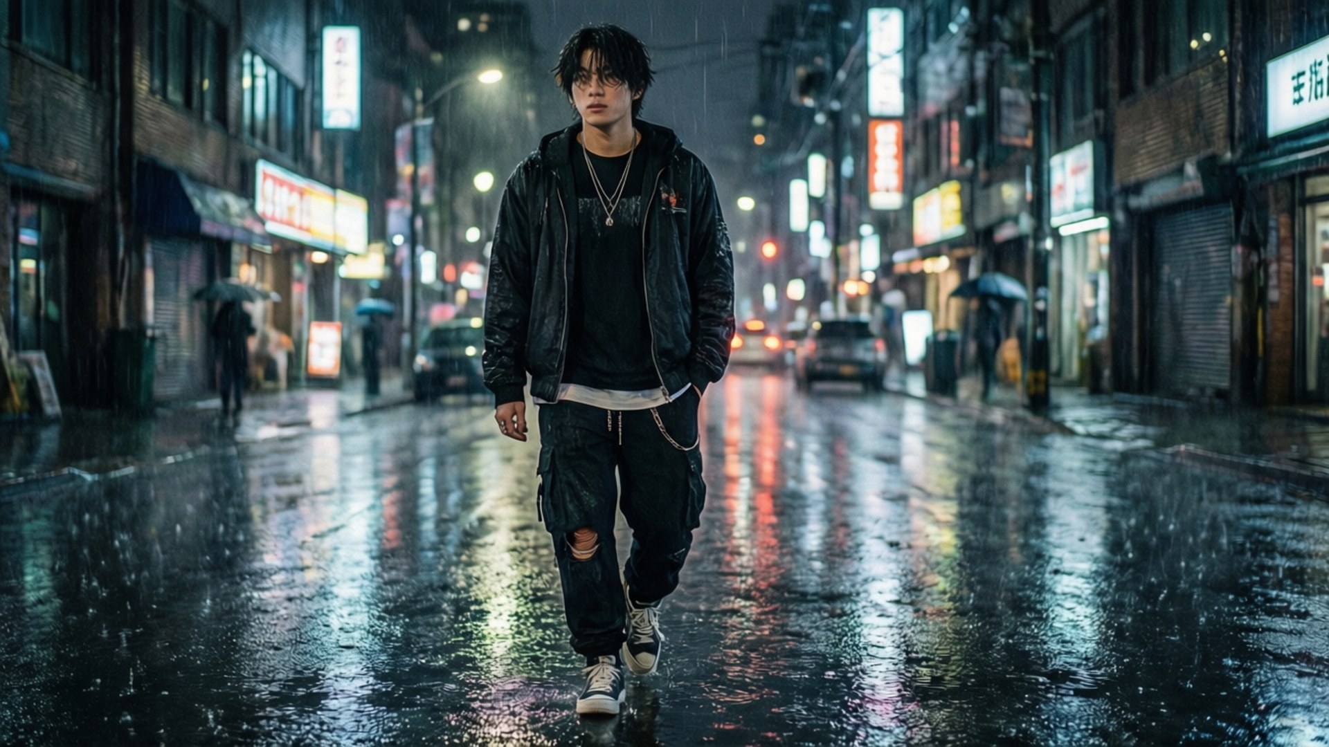 年輕男子在夜晚獨自走在雨中的城市街道上，頭頂是發光的霓虹招牌。