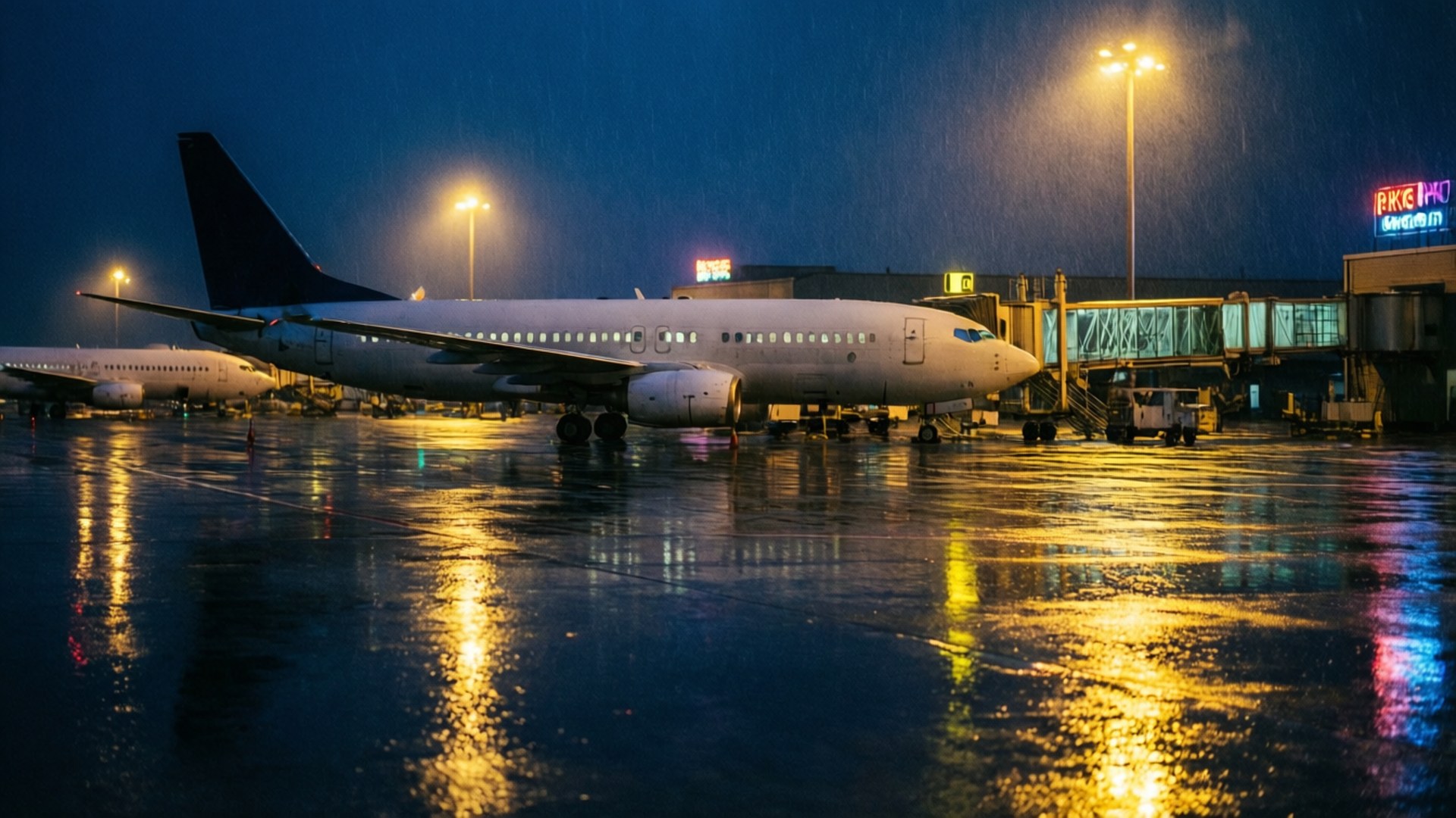 雨夜機場跑道 壁紙 — 一架大型飛機在夜間停在濕滑的停機坪上，明亮的黃色燈光反射在潮濕的表面。