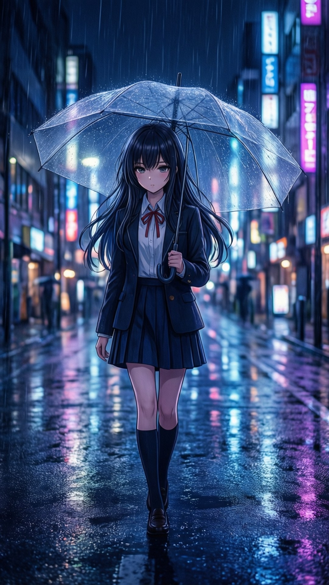 雨夜漫步 壁紙 — 一個穿著校服的年輕動漫女孩獨自撐著透明雨傘，在夜晚霓虹燈閃爍的雨街上行走。