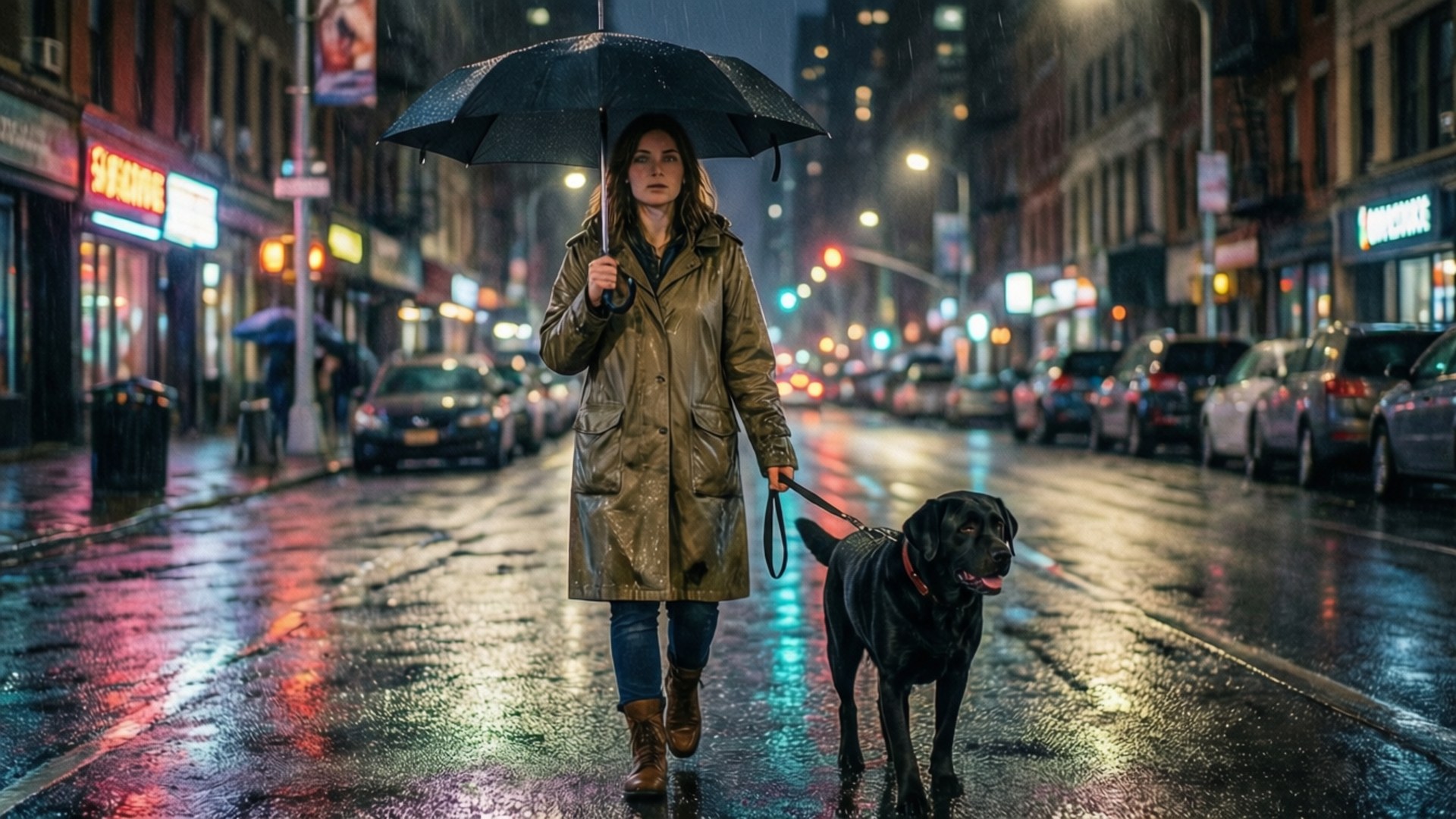 女子在雨夜的城市街道上撐傘遛黑狗。