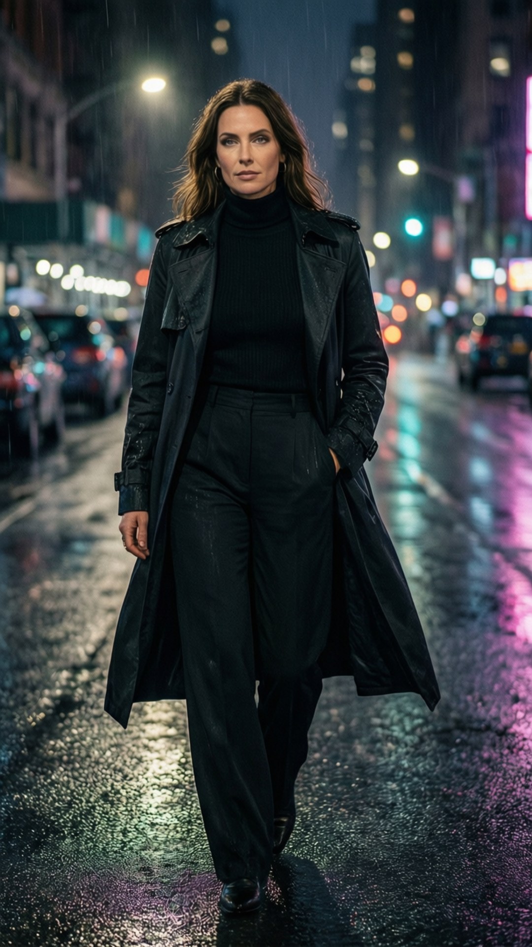 雨夜漫步 壁紙 — 一位身穿黑色風衣的女性在夜晚自信地走過被雨水浸濕、霓虹燈閃爍的城市街道。