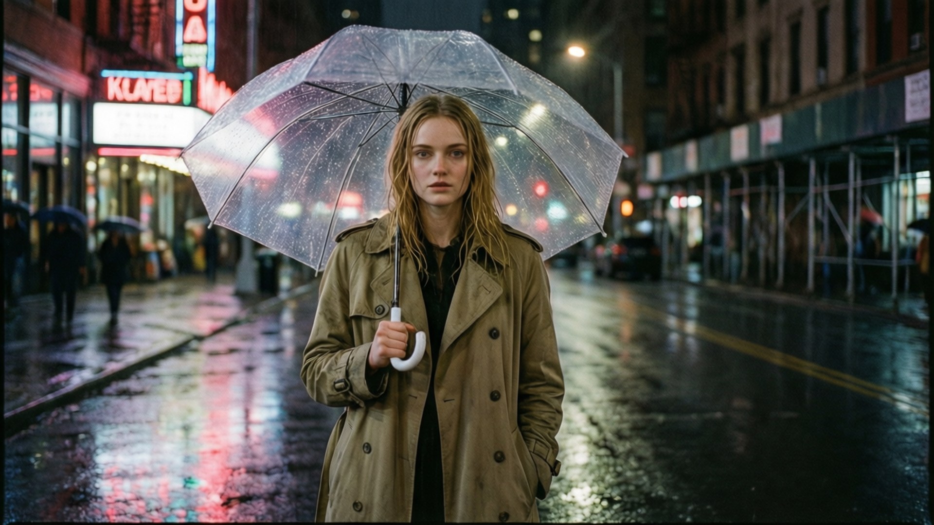 雨夜漫步 壁紙 — 一位穿著米色風衣的女性在夜晚霓虹燈照亮的城市街道上，撐著透明雨傘，雨水落下。