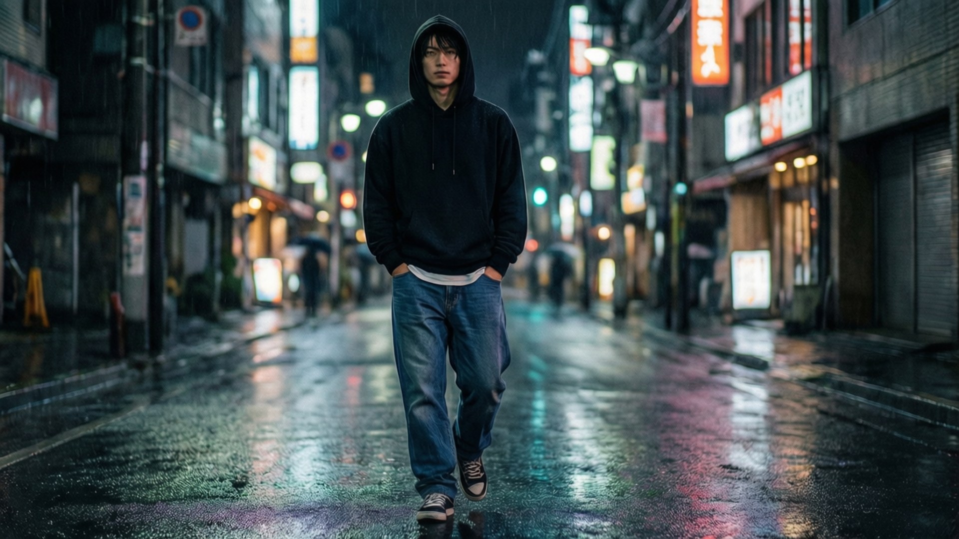 穿連帽衫的年輕男子在夜晚獨自走過下雨的霓虹燈城市街道。