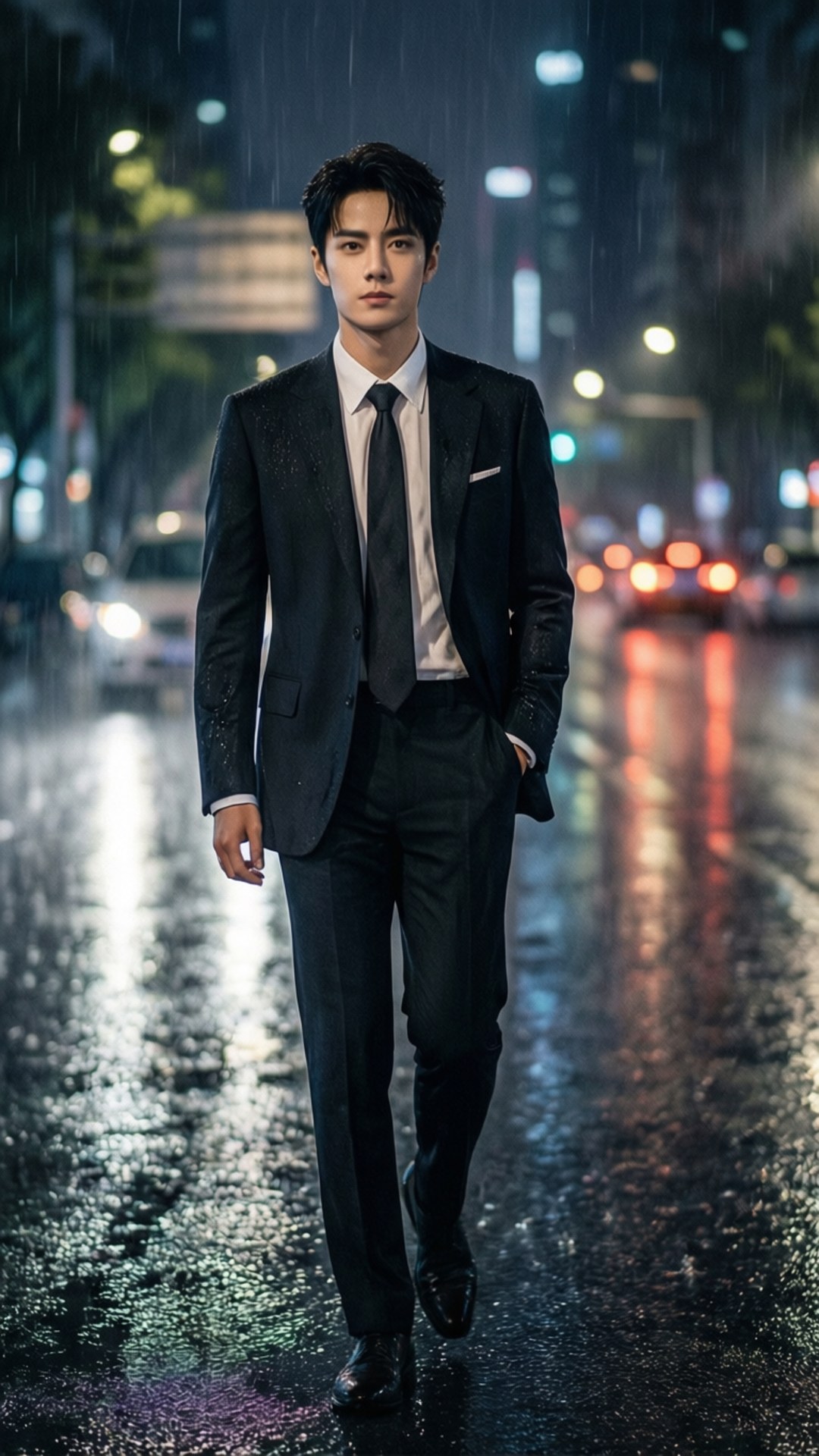 身穿深色西裝的男人在夜晚濕漉漉的城市街道上雨中行走，霓虹燈光反射