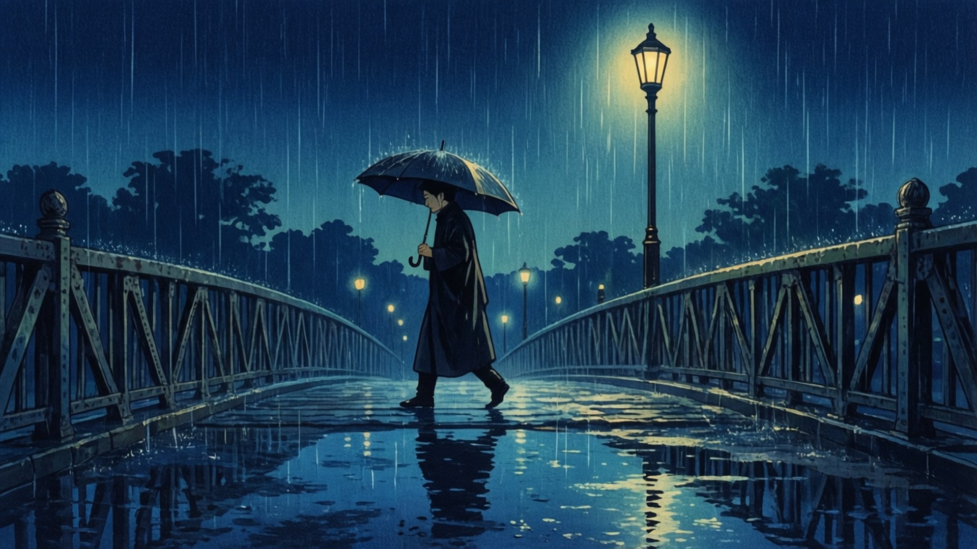 夜晚雨橋上，一個人獨自撐傘行走，路燈在水面反射。