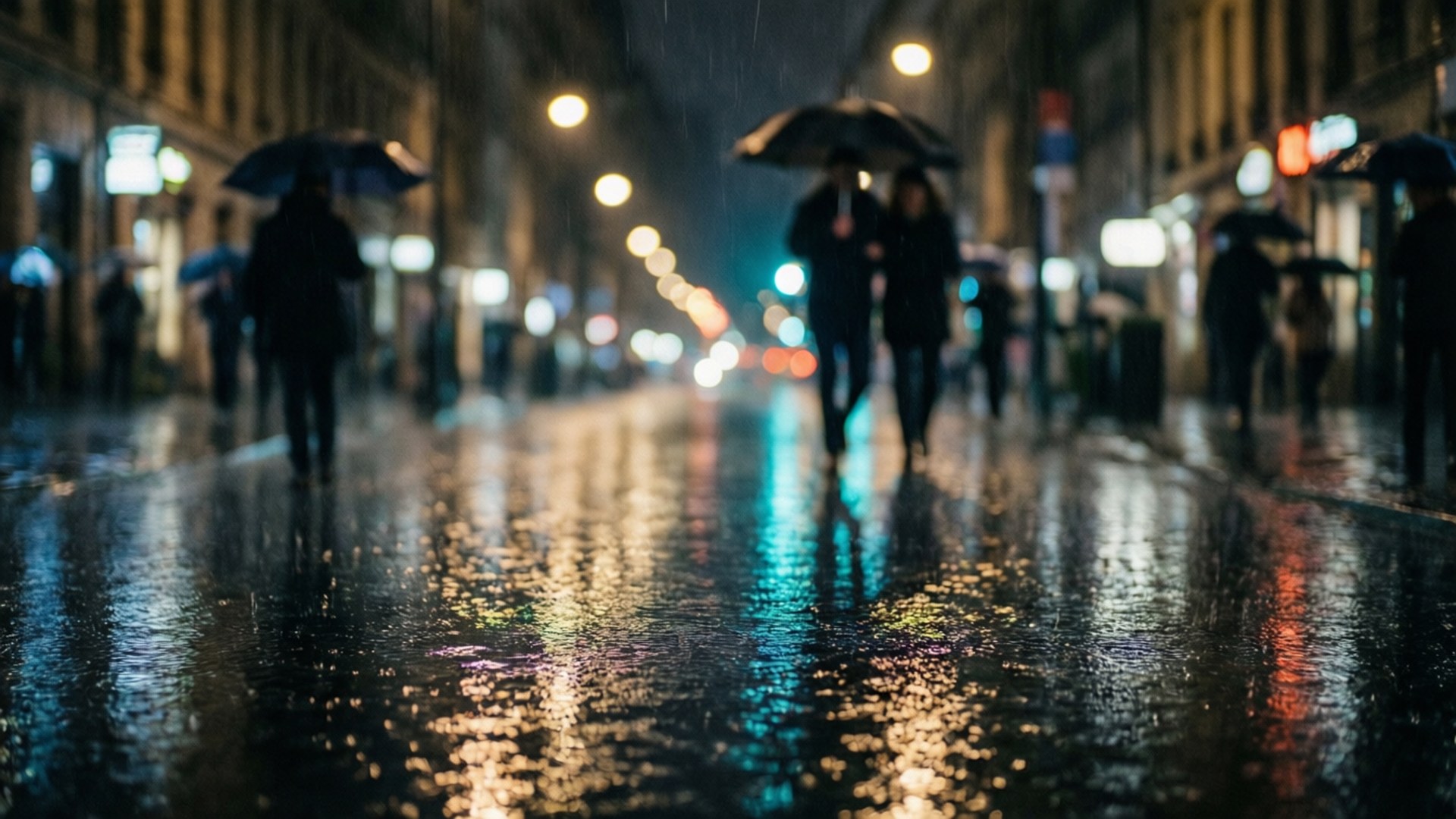 人們撐著雨傘在夜間濕滑的城市街道上雨中行走，伴隨著閃爍的倒影。