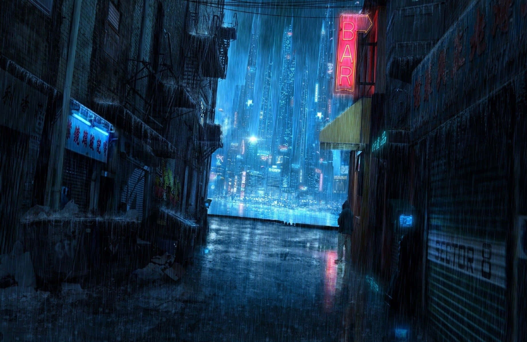 雨夜賽博龐克巷弄背景 壁紙 — 雨濕的小巷在夜晚展現出霓虹燈照亮的未來城市景觀，透過濕漉漉的人行道反射閃耀。