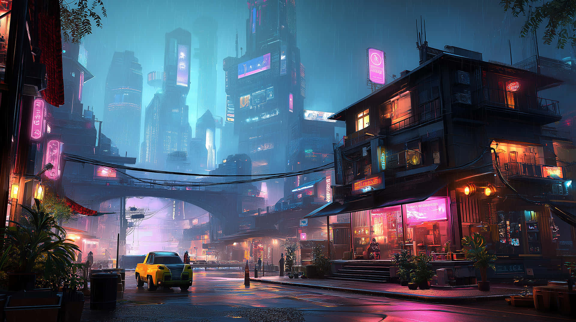 雨夜賽博龐克街景，發光招牌交織 壁紙 — 雨濕的霓虹街道在聳立的賽博朋克摩天大樓下發光，樓下有發光的招牌和一輛黃色出租車停泊。