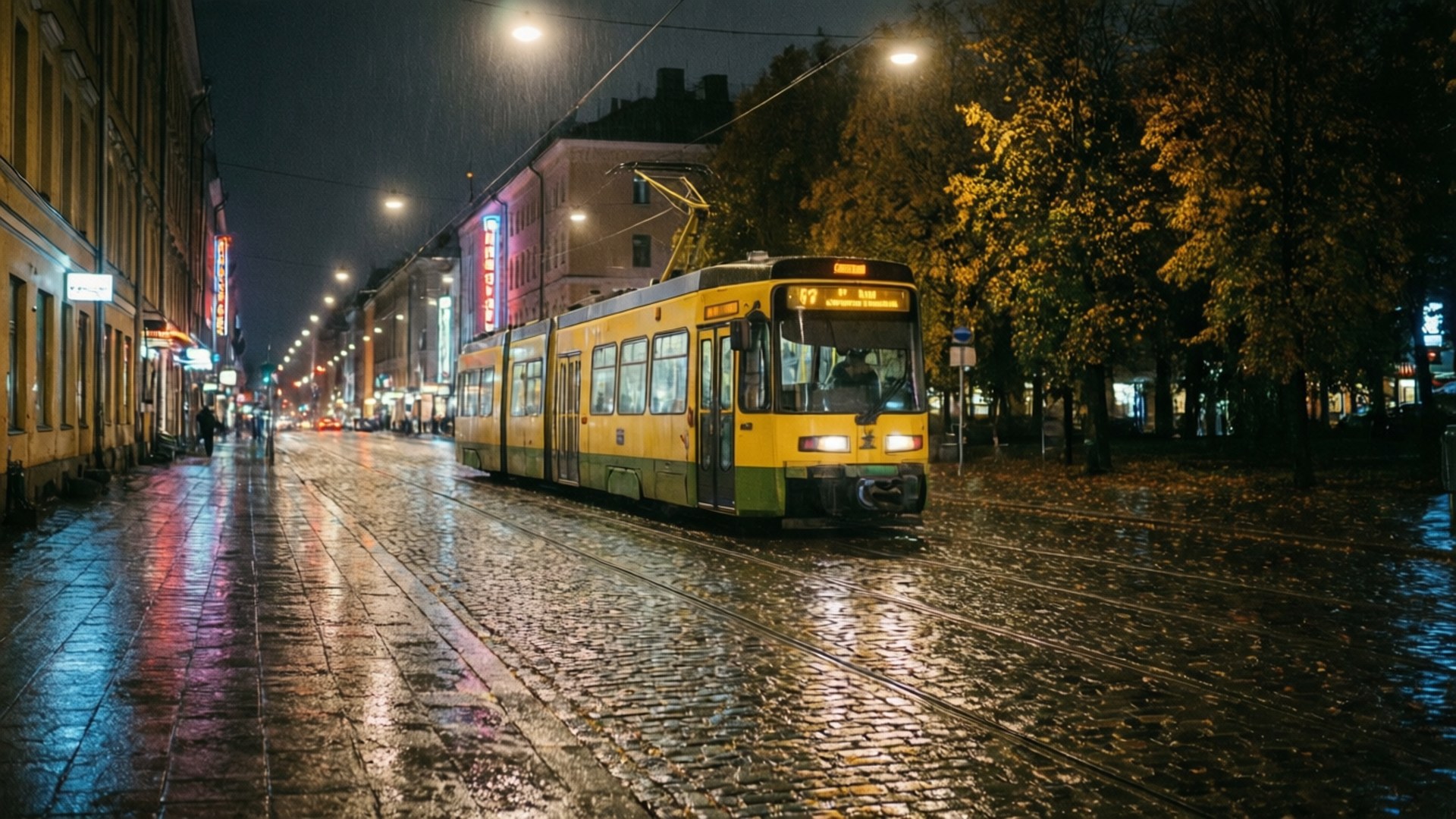 黃色電車在濕滑的鵝卵石街道上夜間行駛，發光的燈光和秋天的樹木。