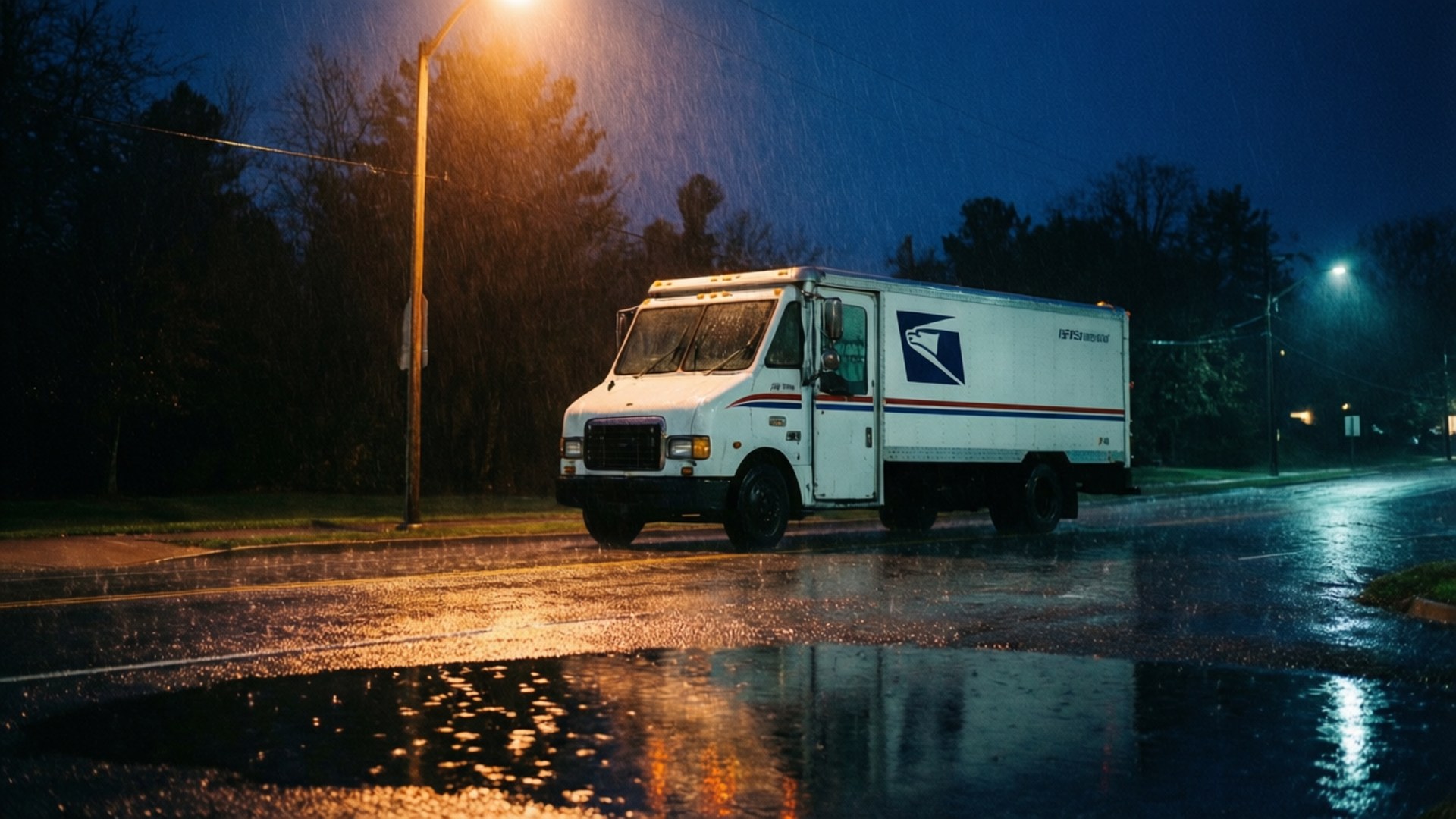 USPS貨車在夜間雨中行駛，街燈反射在濕漉漉的路面上。
