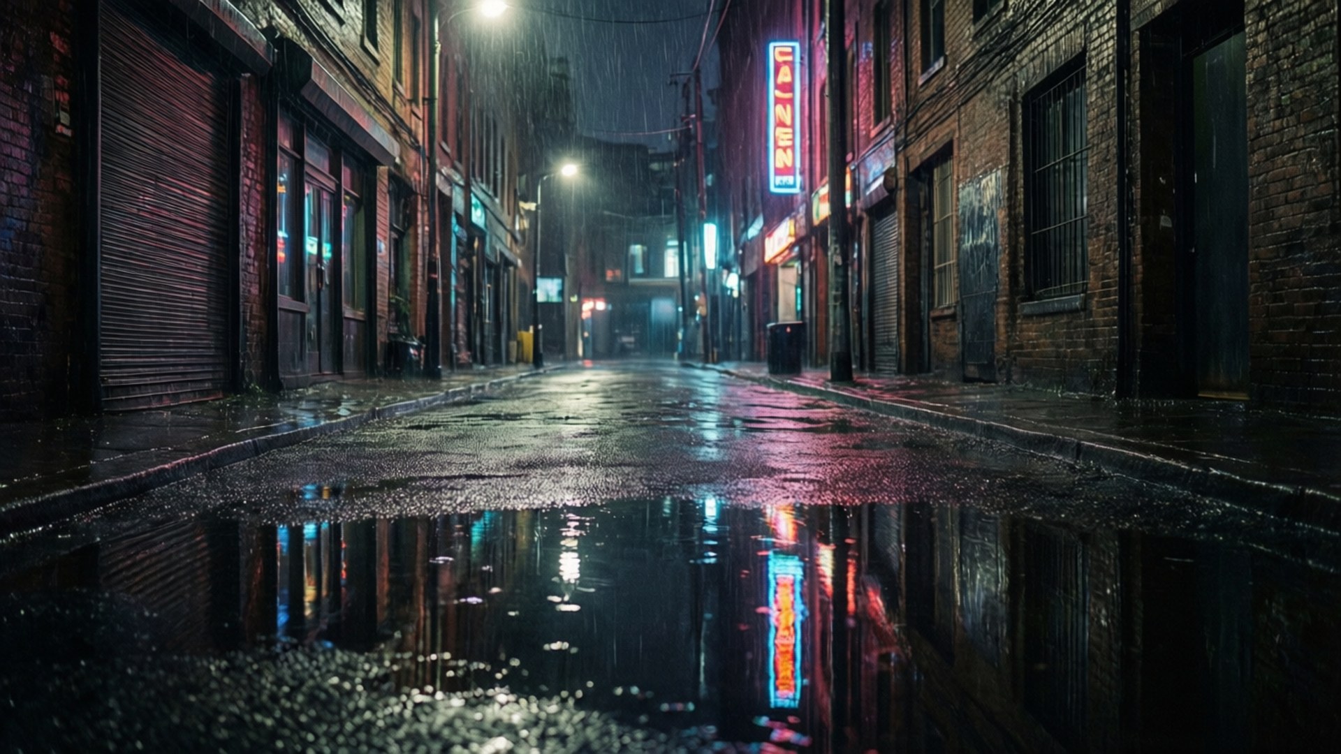 雨夜城市小巷，霓虹招牌在濕漉漉的瀝青水坑中倒映。