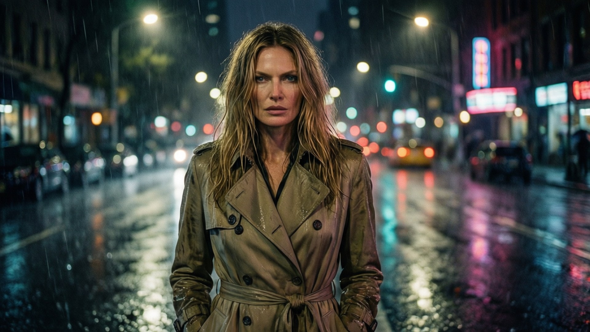 一名身穿米色風衣的女子在夜間濕漉漉的街道上站在雨中，霓虹燈光反射在人行道上。