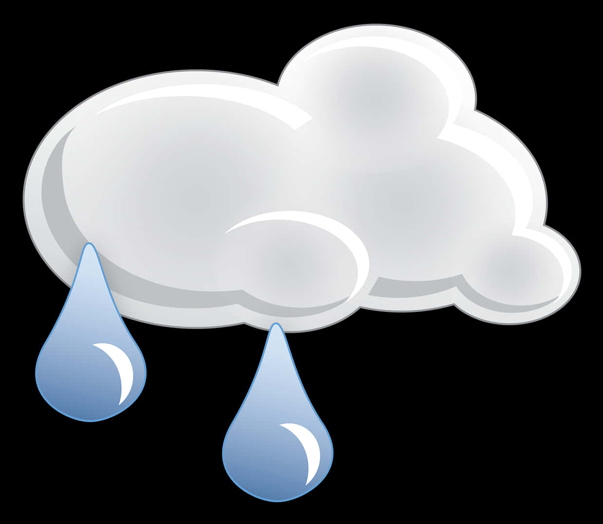 雨天圖標 壁紙 — 一個風格化的白色雲朵，有兩滴藍色雨滴落在黑色背景上。