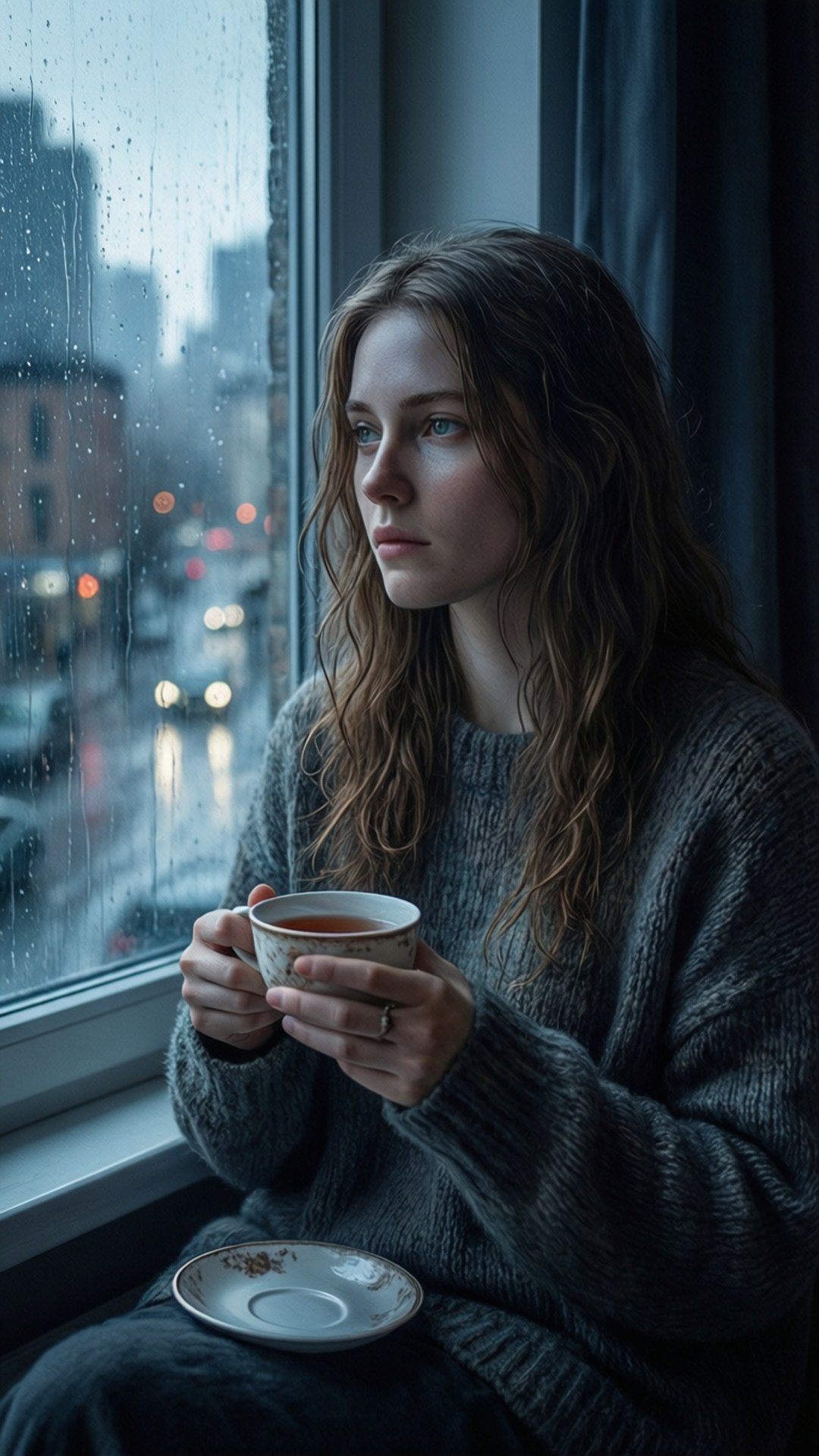雨天悵惘 壁紙 — 一位穿著灰色毛衣的年輕女子，在黃昏時分拿著一杯茶，凝視著被雨水打濕的城市窗戶。