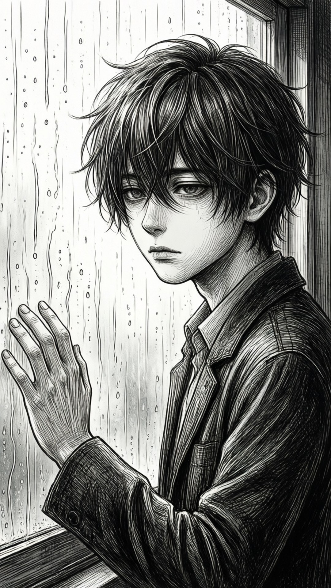 一個年輕的動漫男孩帶著悲傷的表情看著下雨的窗外。
