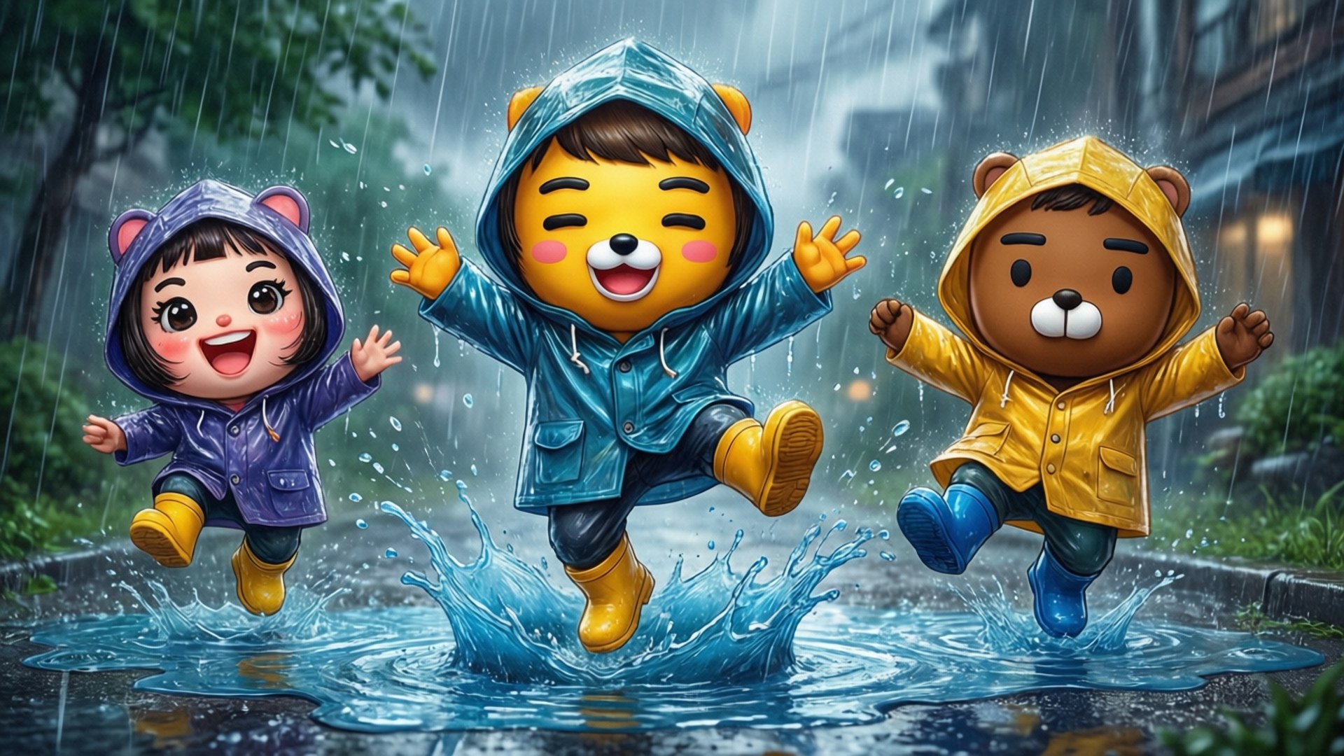 三個穿著雨衣的小孩在雨中跳進水坑