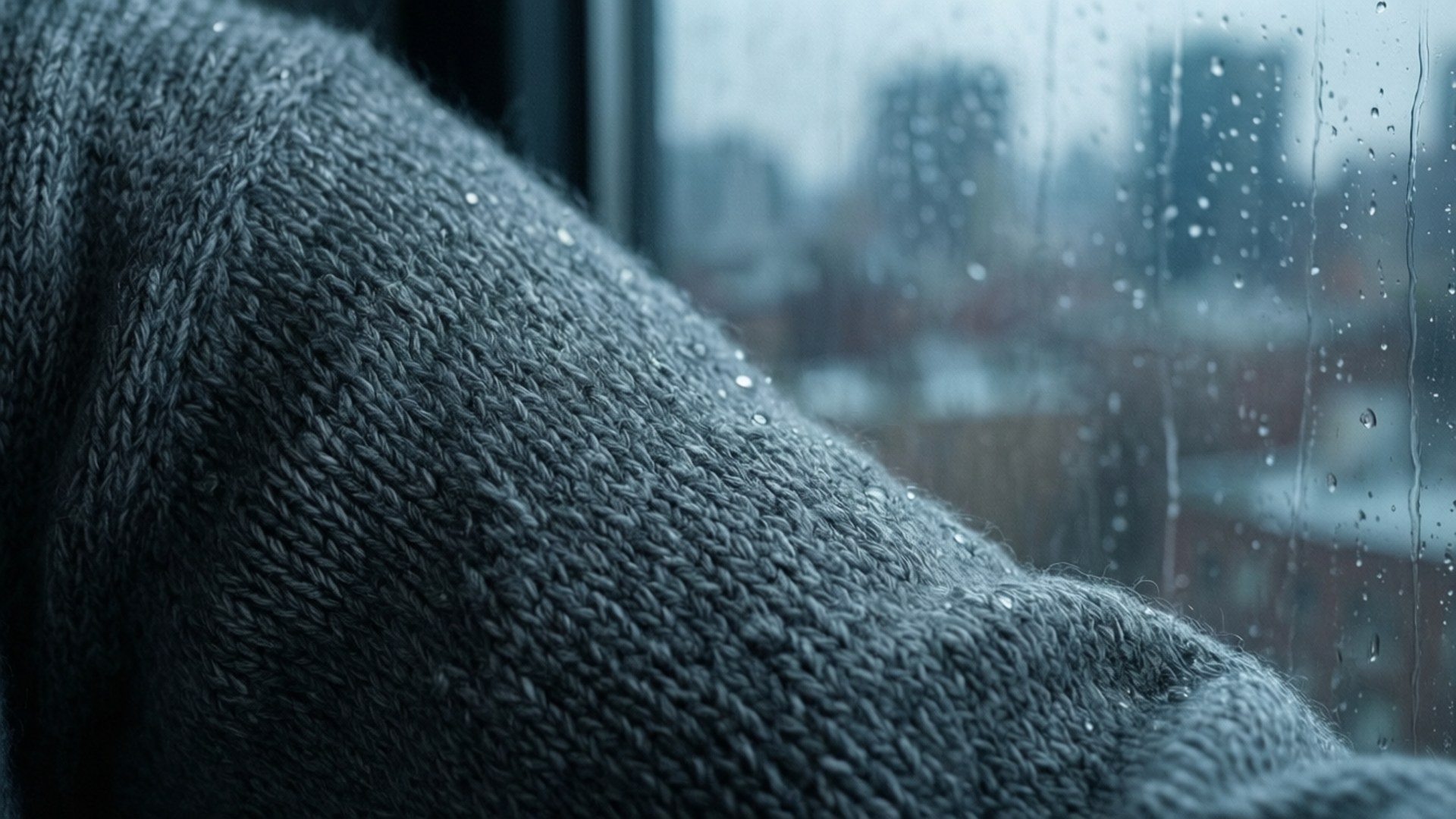 灰色針織袖在雨窗上，城市景觀