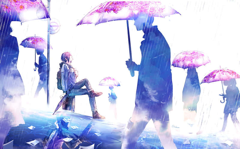 雨天沉思 壁紙 — 動漫風格的人物手持粉紅色花卉圖案雨傘，在一個被藍色和紫色光芒照亮的雨中城市場景中行走和坐下。