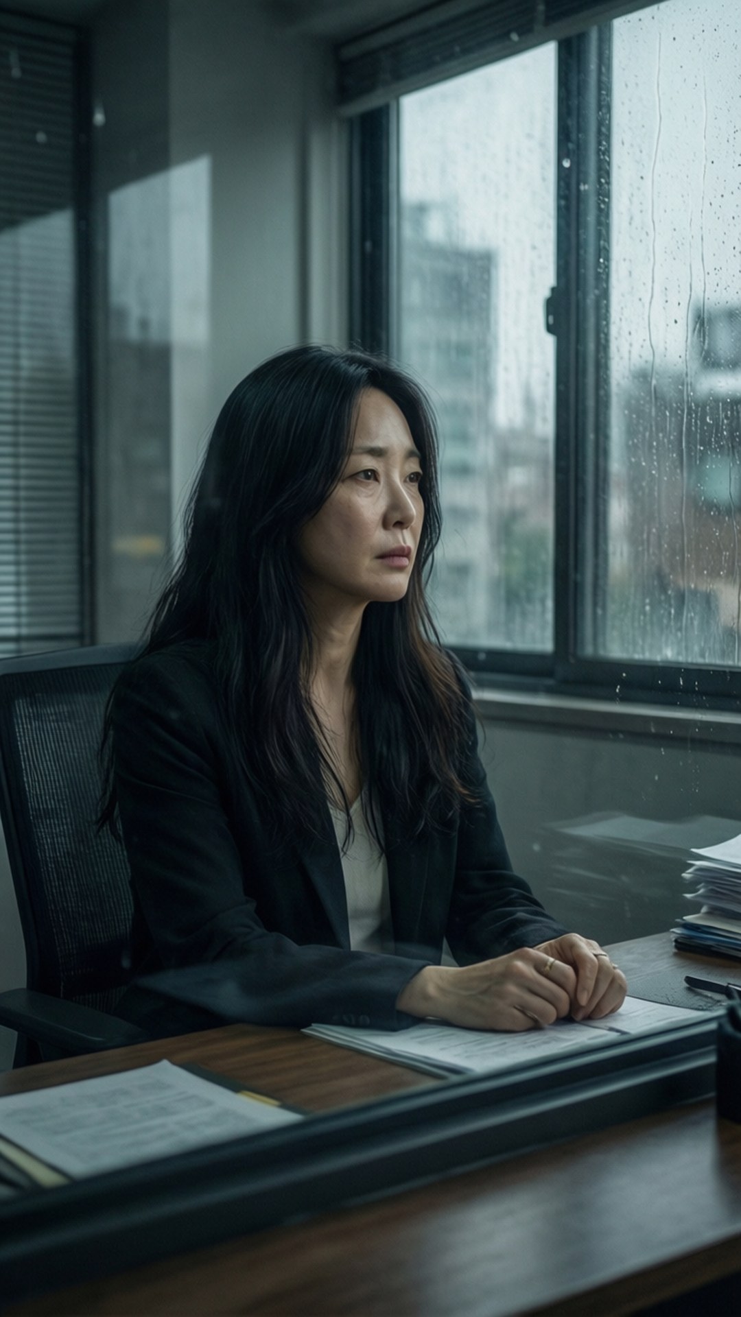 雨天沉思 壁紙 — 一位身穿黑色西裝外套的女性坐在木桌前，凝視著窗外雨絲斑駁的辦公室窗戶，表情陰鬱。